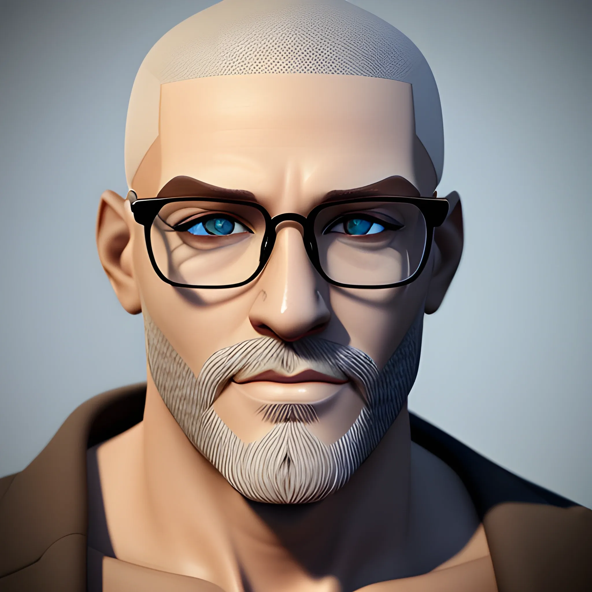 
, 3D  a man with shaved hair, brown and some gray, beard and glasses. blue eyes. realistic and urban style

