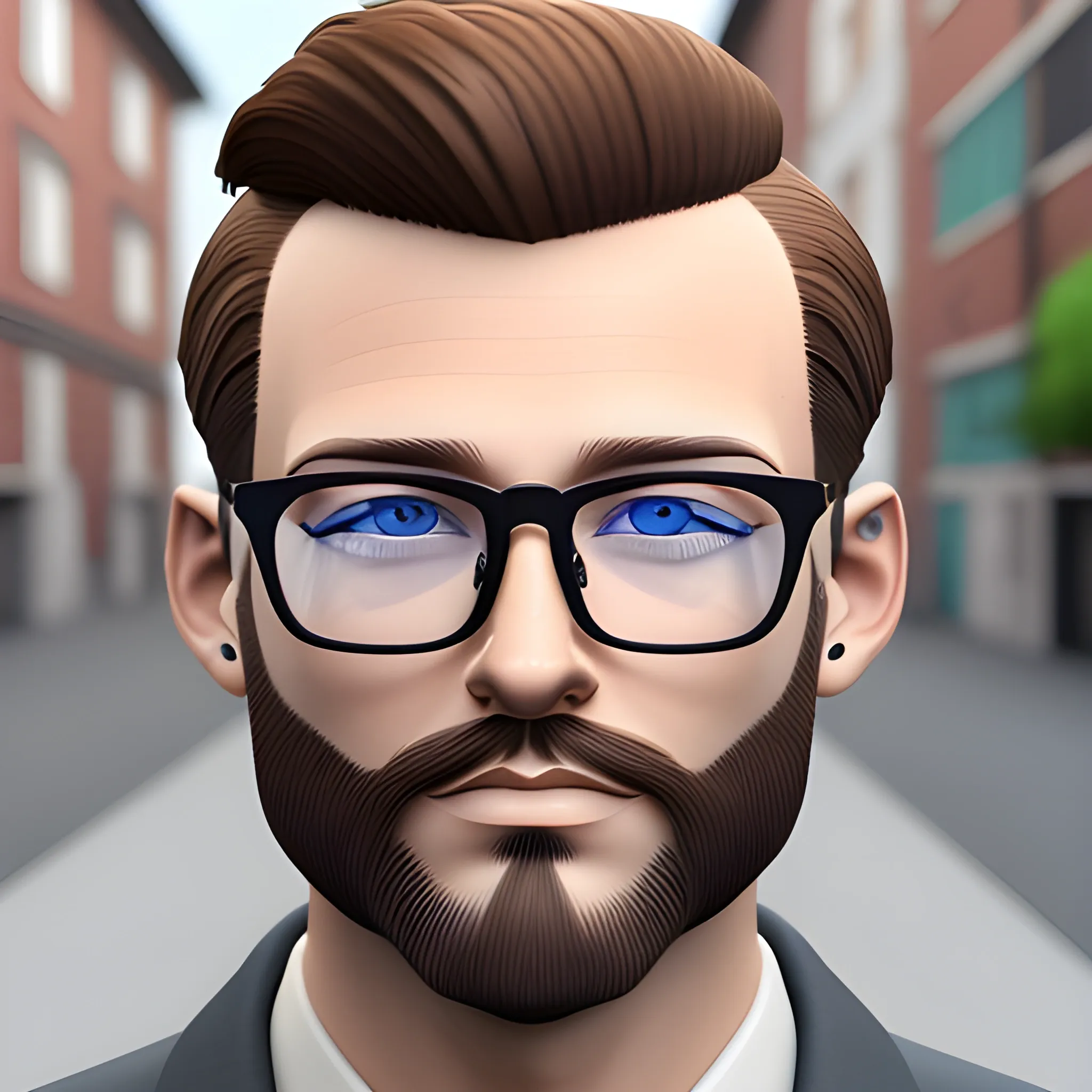 
, 3D  a man with shaved brown hair, beard and glasses. blue eyes. realistic and urban style

