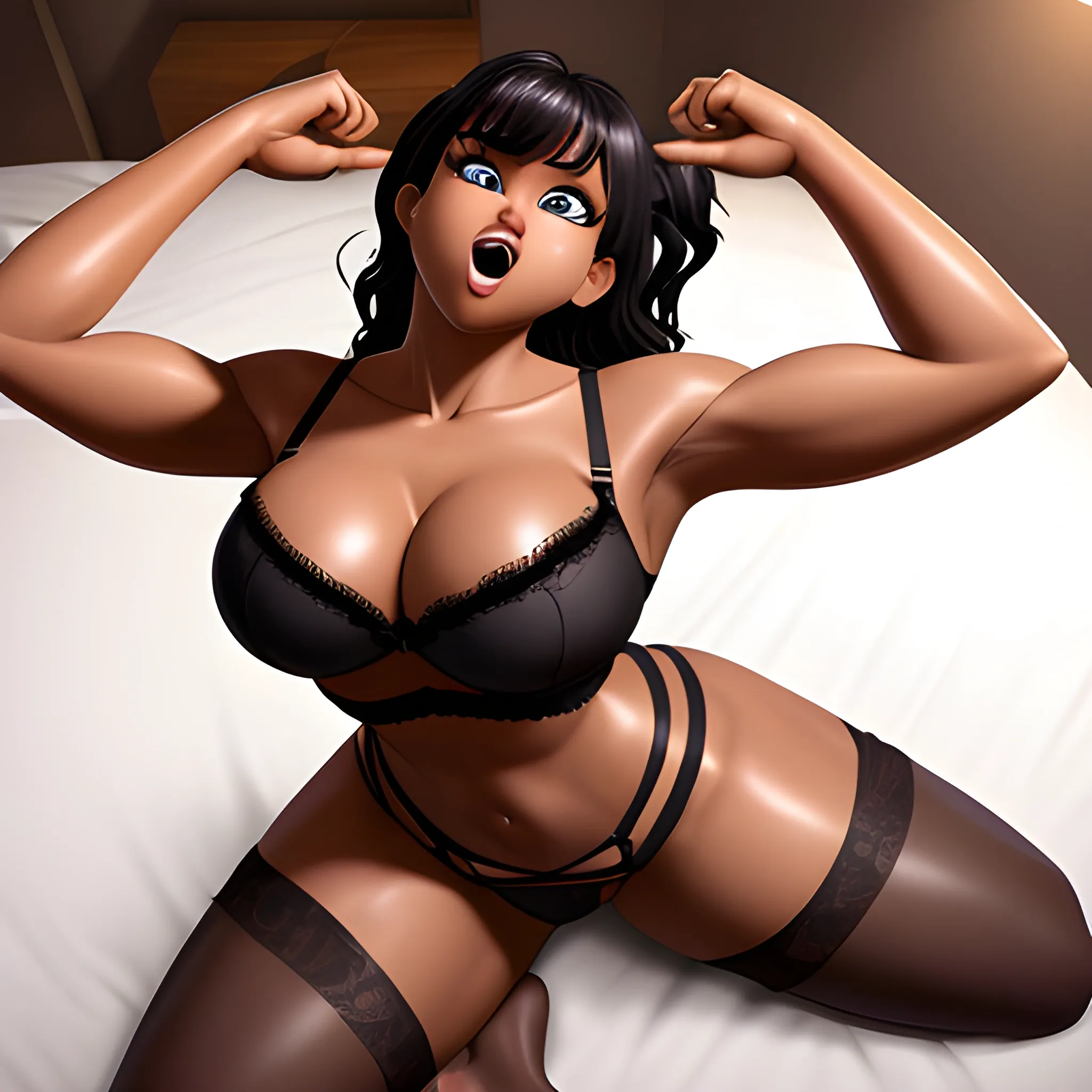 from above, black shoulder-length hair, Latina, Carmel brown skin, darker skin, massive chest, chest forward, hourglass figure, skinnier waist, huge butt, bare shoulders, mascara, winged eyeliner, wavy hair, ponytail, asymmetrical bangs, lingerie, looking at viewer, laying on bed, bedroom, legs spread open, ahegao face, tongue sticking out, mouth open, eyes looking up, large lips, in heat, perky breasts, Pixar style , Cartoon, CGI model