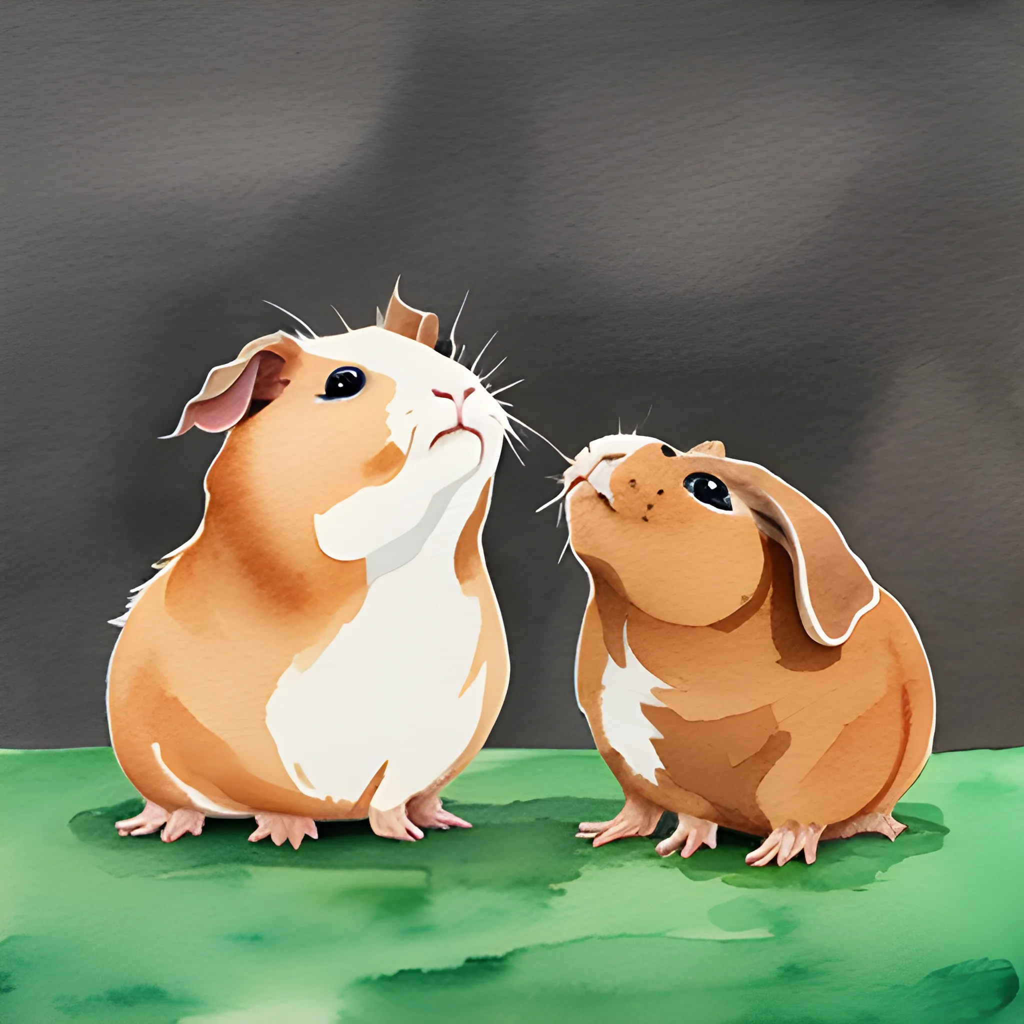 Texel guinea pig and Abyssinian guinea pig, eating, Water Color