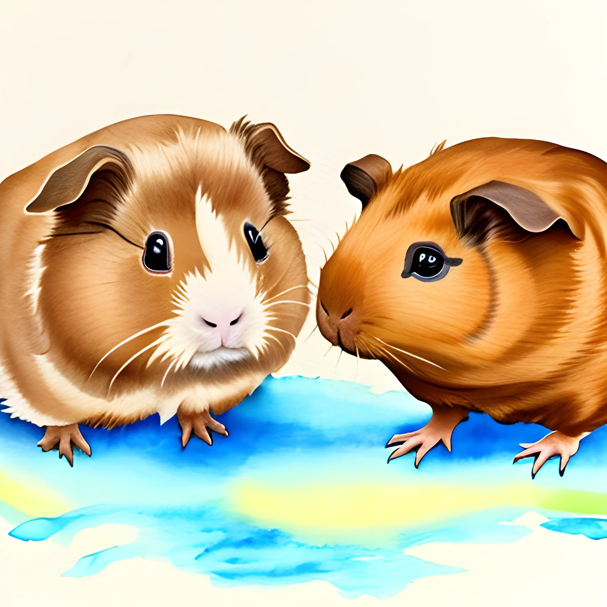 Texel guinea pig and Abyssinian guinea pig, eating, Water Color