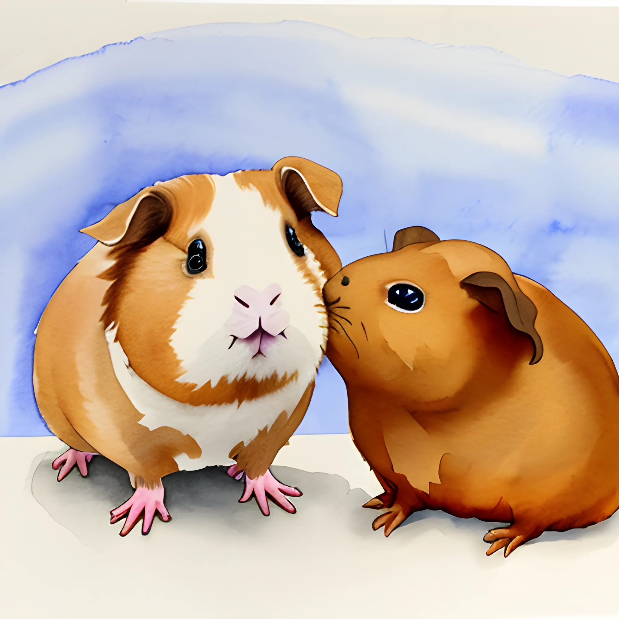 Texel guinea pig and Abyssinian guinea pig, eating, Water Color