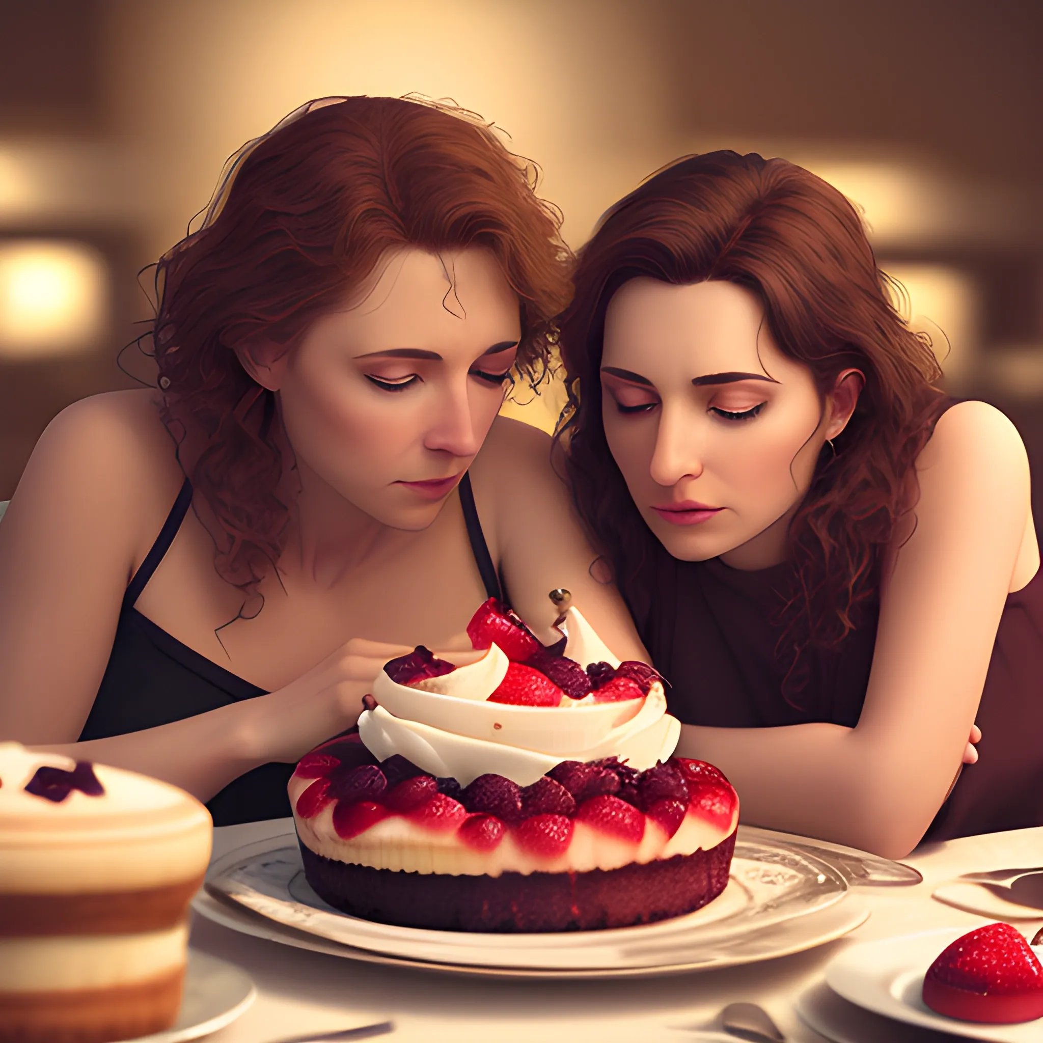 Create  photographic realistic image of intended women looking at dessert 