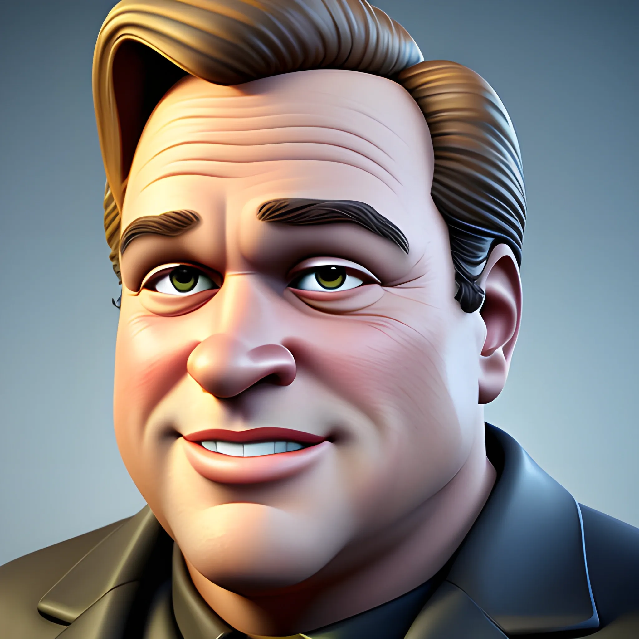 screenshot of Marlon brando in a pixar movie. Make it look funny and smiling. 3 d rendering. unreal engine. amazing likeness. very detailed. cartoon caricature.