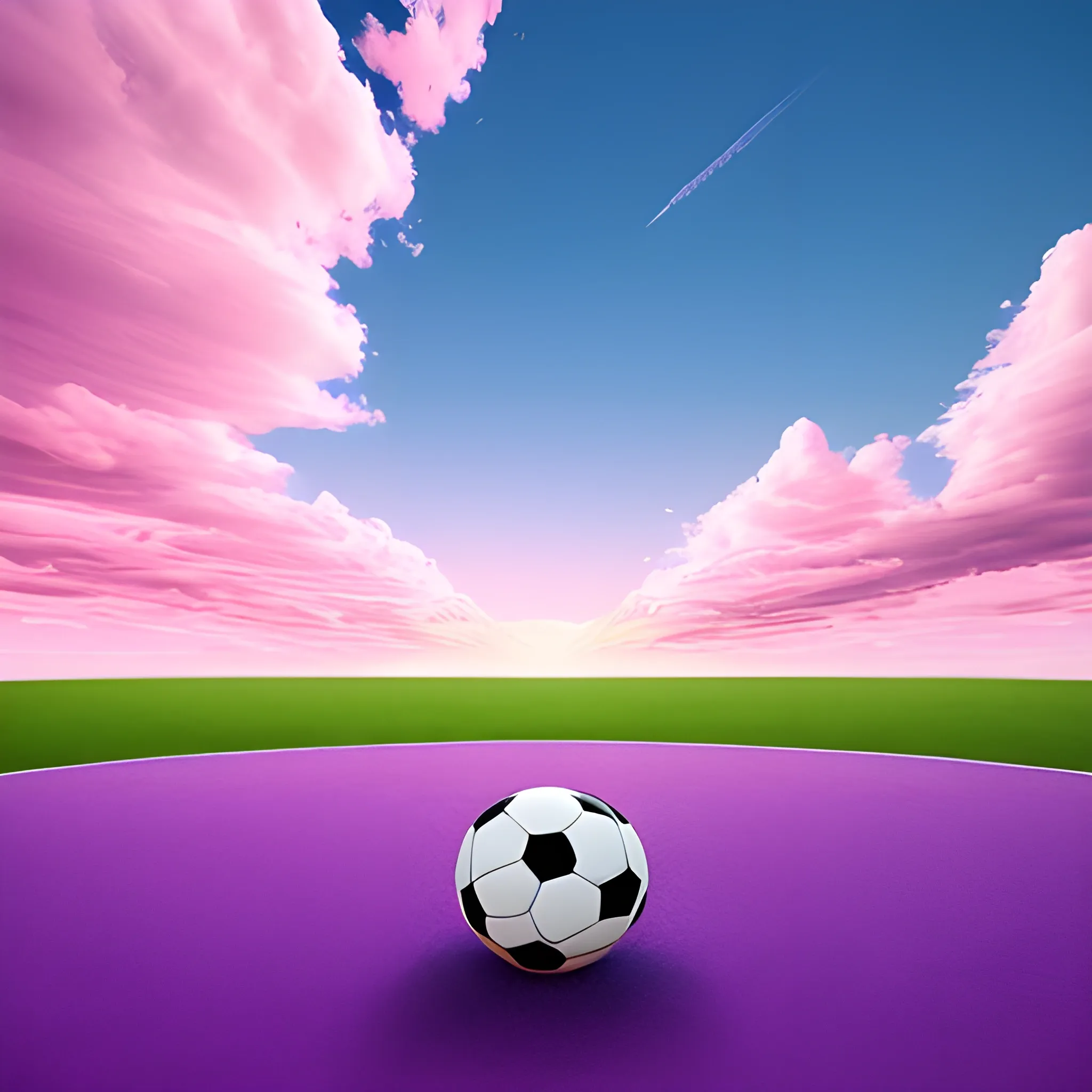 Create a beautiful landscape with big sky view, pink and blue sky, clouds with soccer ball form, Cartoon, 3D