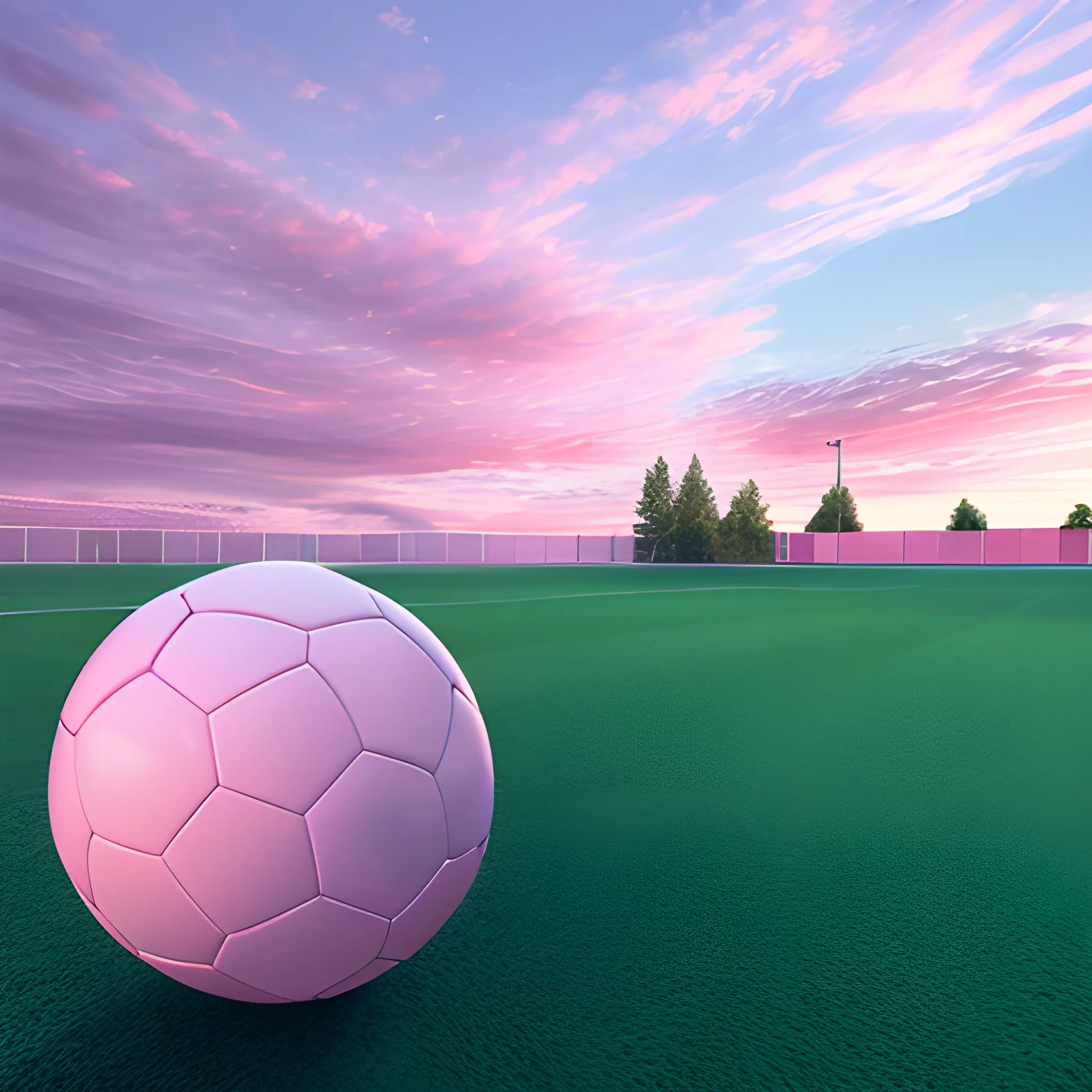 Create a beautiful landscape with big sky view, pink and blue sky, clouds with soccer ball form, 3D, realistic