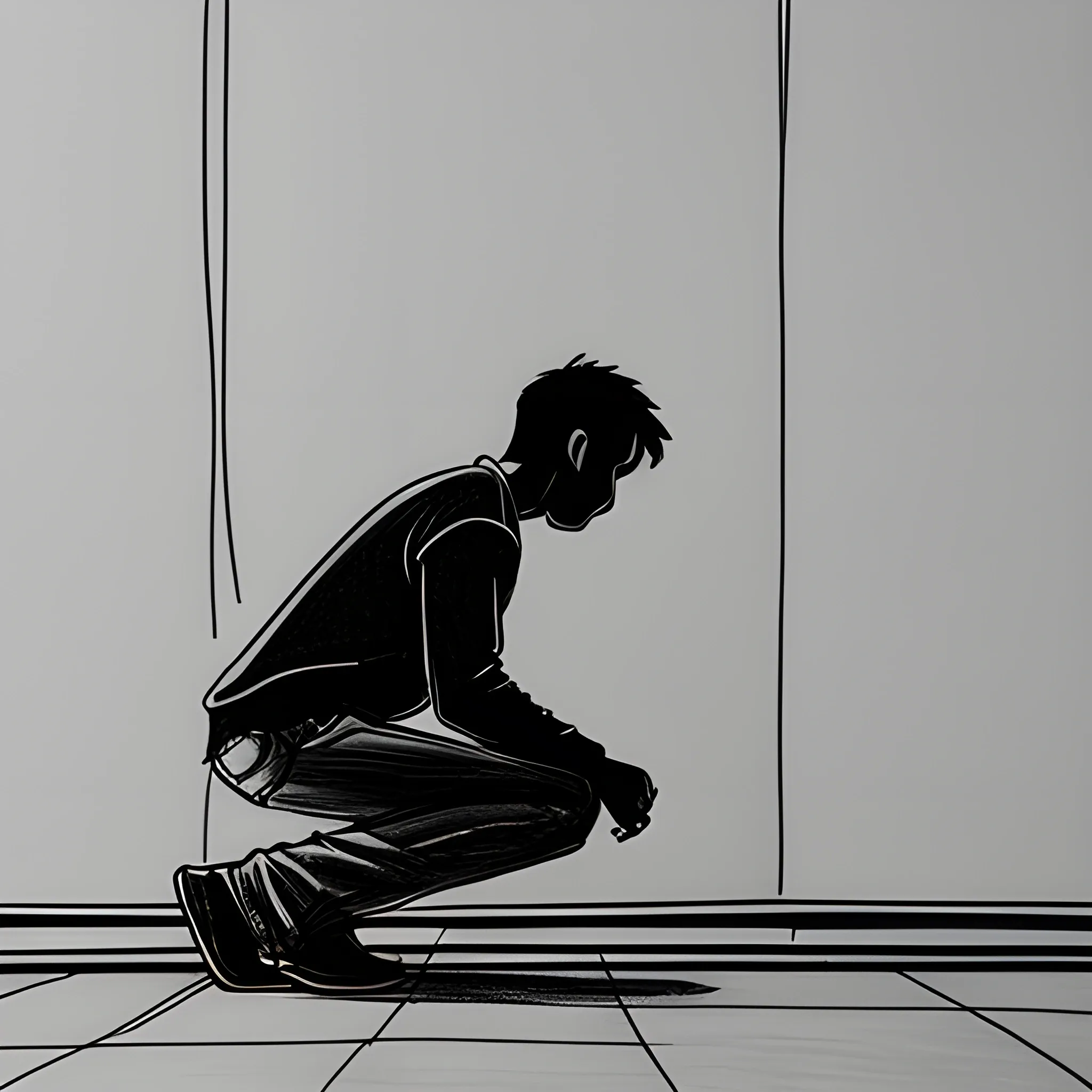 make a drawing of a person leaning on one knee and crouching, waiting to go out while looking at a cover on the wall, this drawing must have a low angle and backlight from the wall