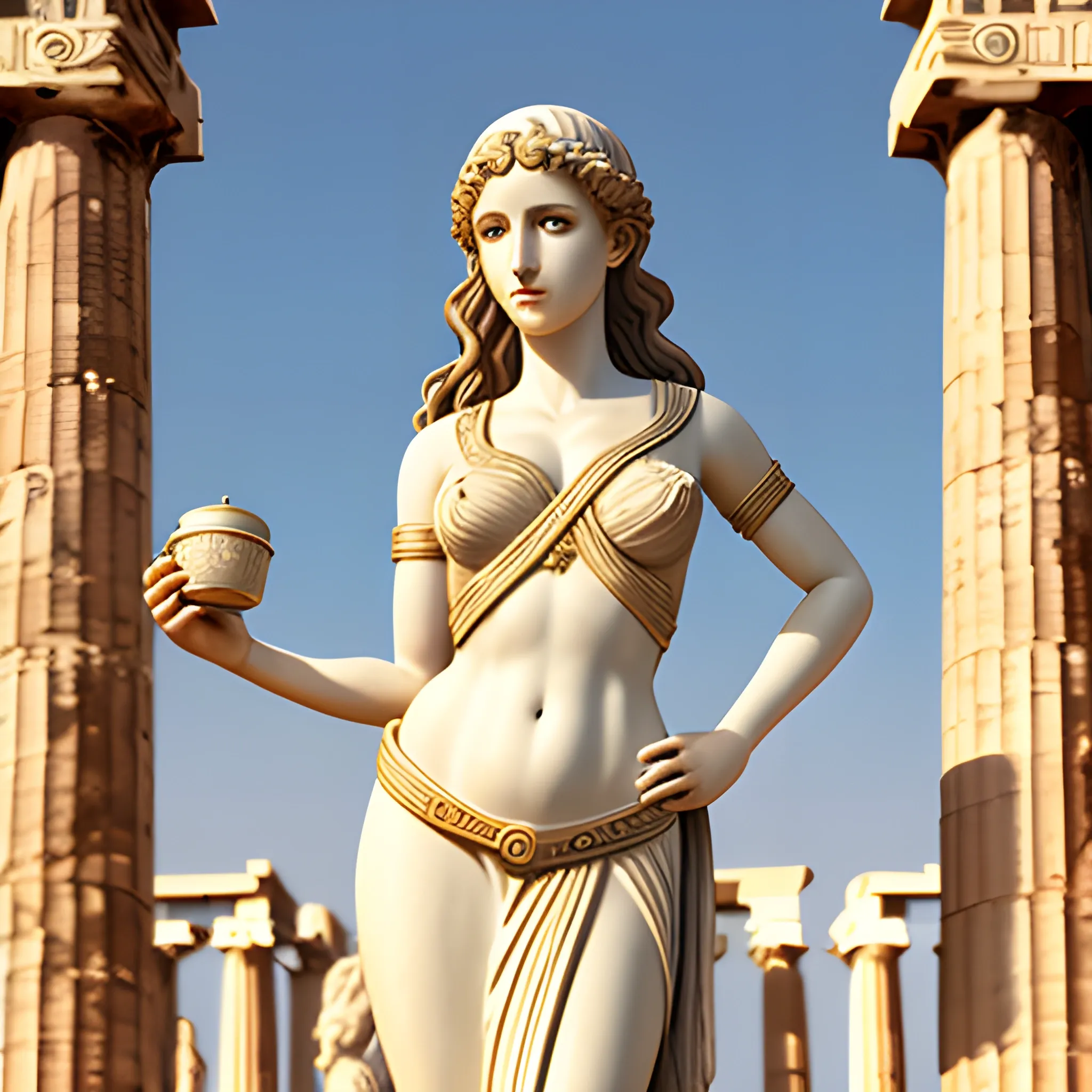 venus, goddess, greek, ancient greece, greek goddess full body, slender woman, greek clothing, wavy hair, light eyes, bright eyes, light tea, hyperrealism