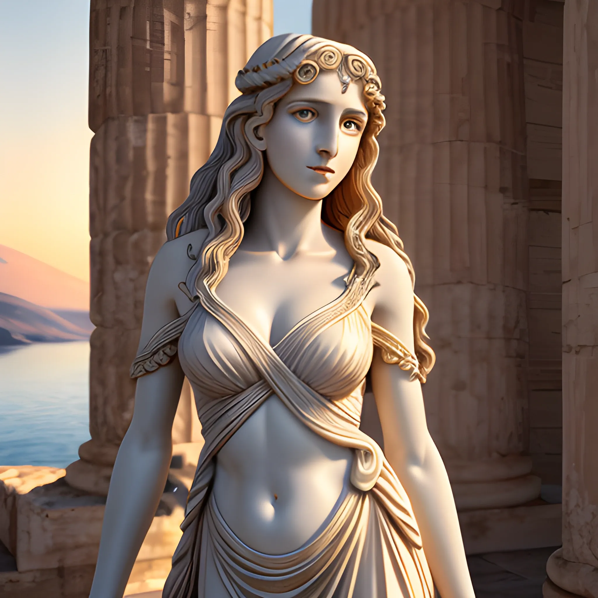 venus, goddess, greek, ancient greece, greek goddess, full body, slender woman, greek clothing, wavy hair, light eyes, glowing eyes, clear teas, hyperrealism, detailed image, masterpiece, 8k