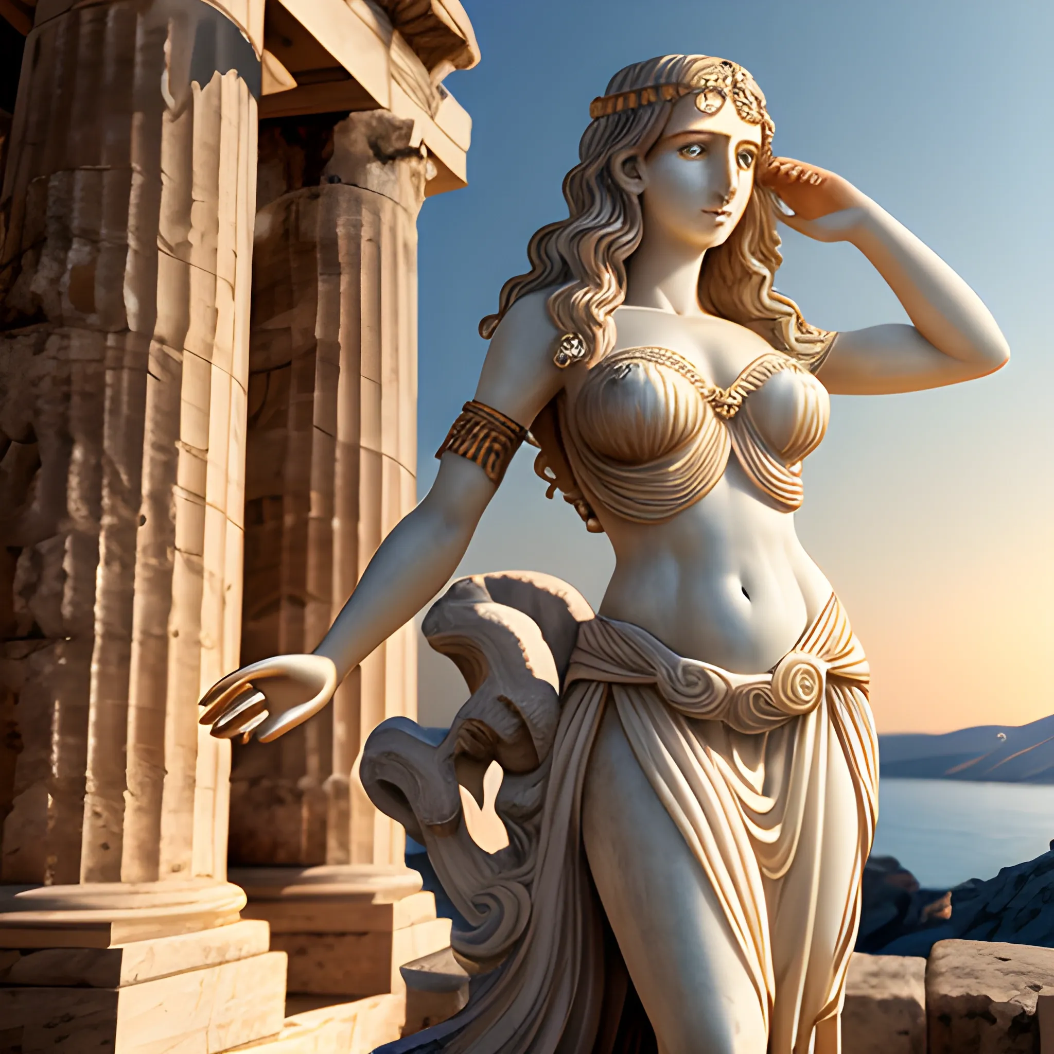 venus, goddess, greek, ancient greece, greek goddess, full body, slender woman, greek clothing, wavy hair, light eyes, glowing eyes, clear teas, hyperrealism, detailed image, masterpiece, 8k