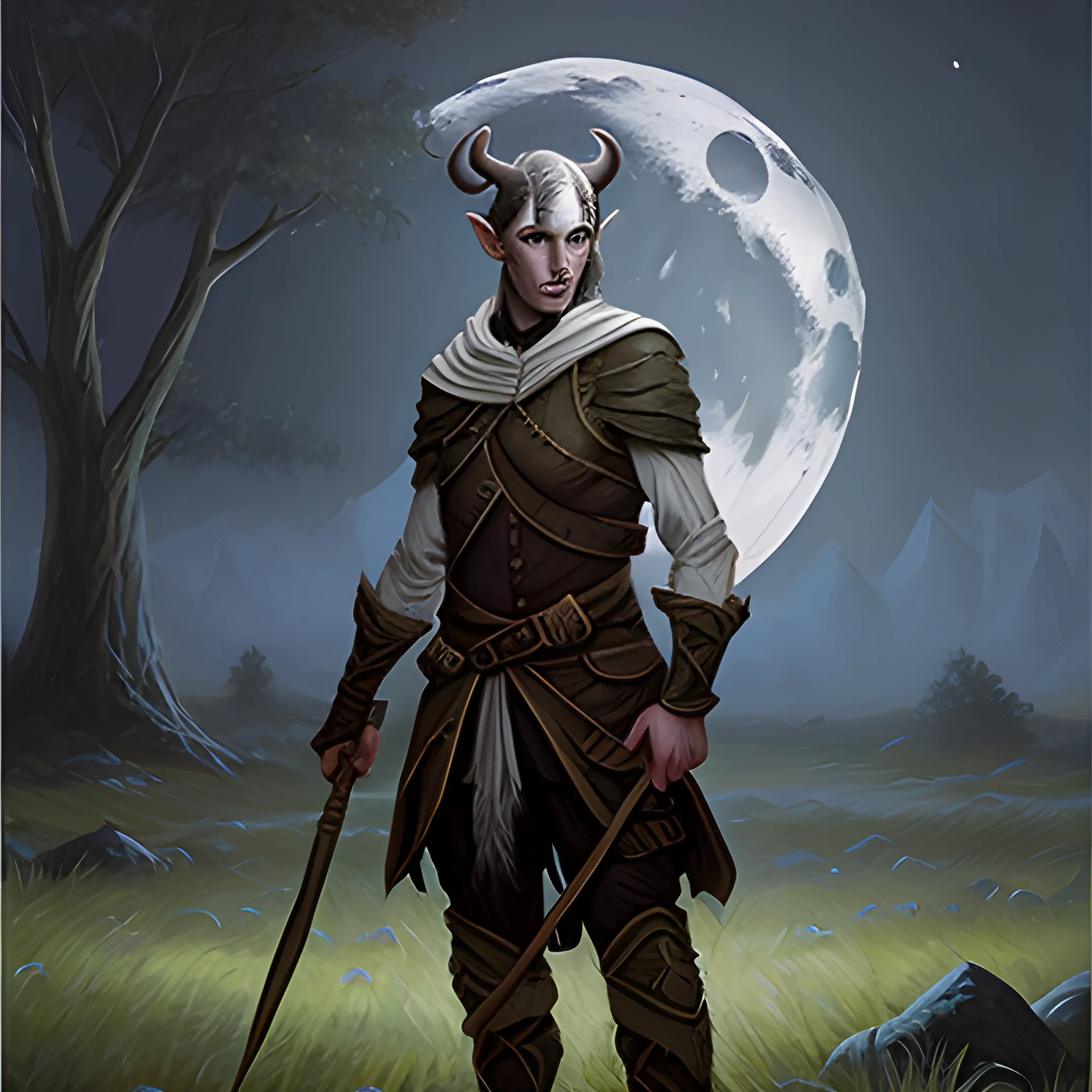 A pale Tiefling ranger standing in a moonlit field, Oil Painting