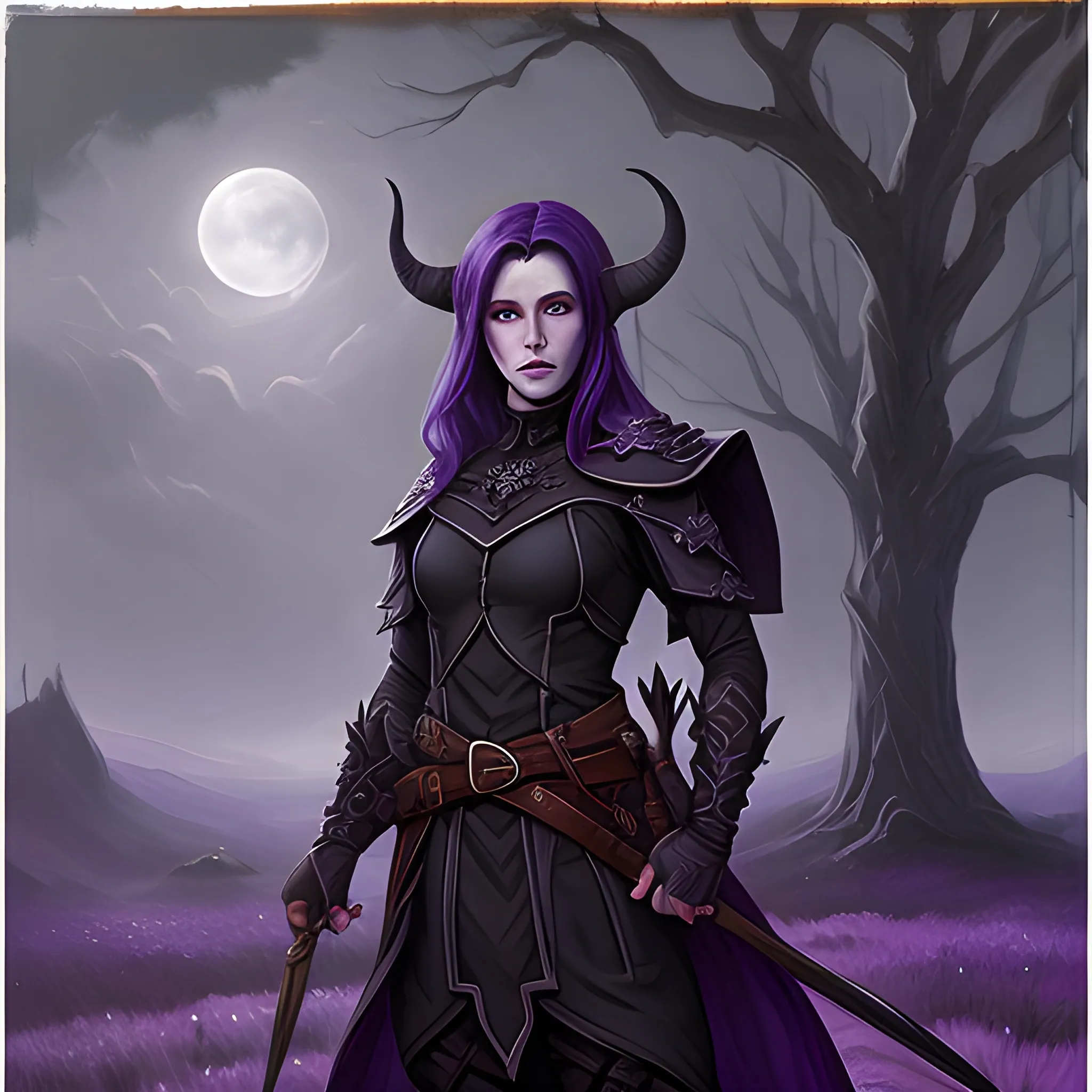 A dark clothed Tiefling ranger, with a pale purple complexion, standing in a moonlit field, Oil Painting