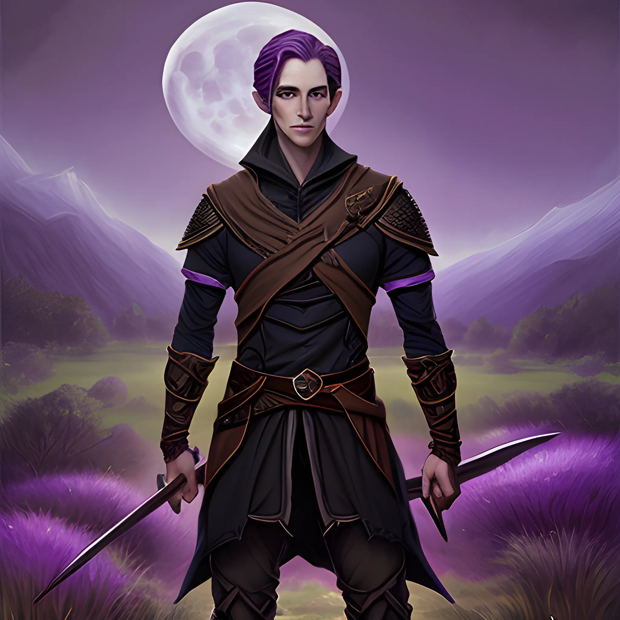 A dark clothed skinny male Tiefling ranger, with a pale purple complexion, standing in a moonlit field, Oil Painting