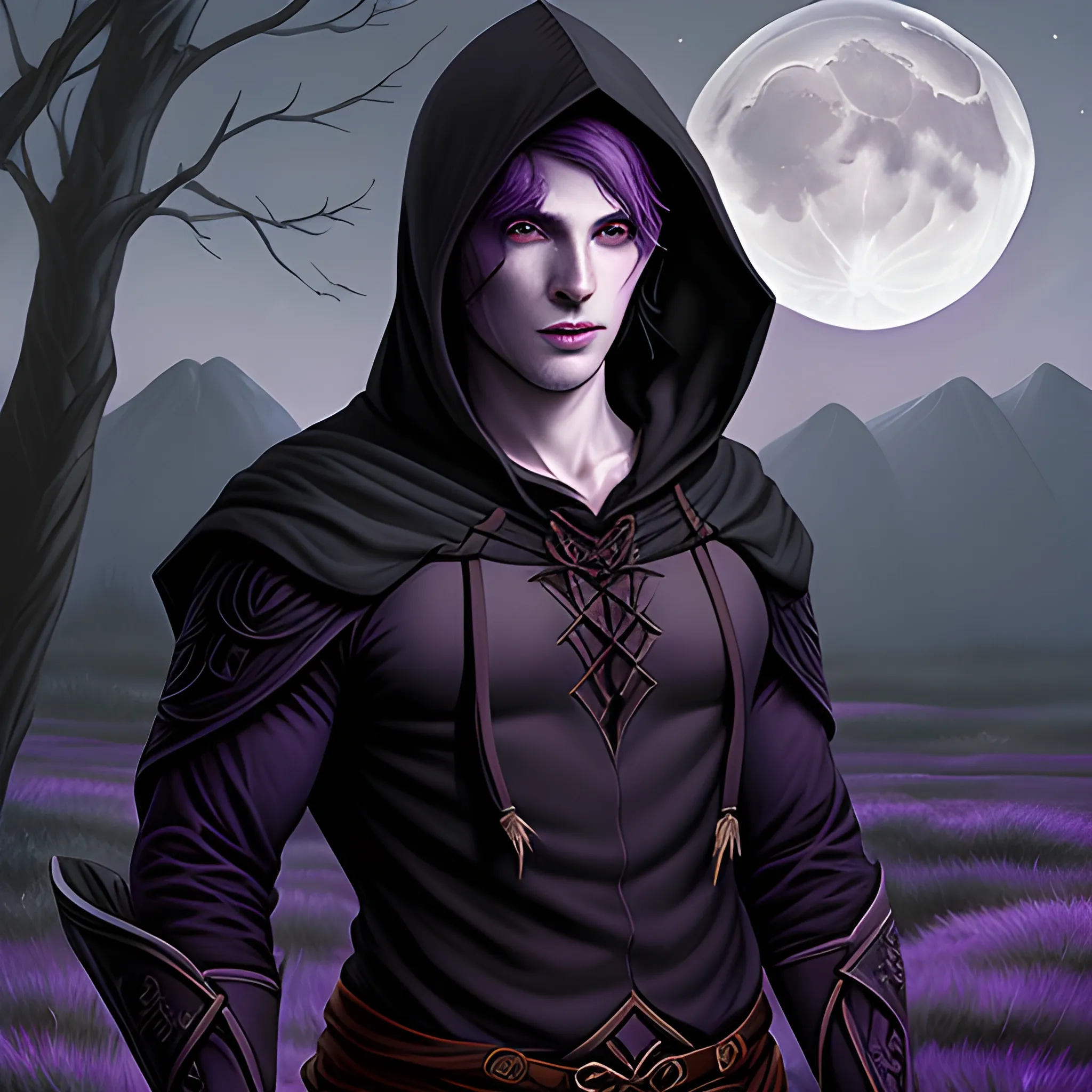 A dark clothed hooded gaunt male Tiefling ranger, with a pale purple skin complexion, standing in a moonlit field, Oil Painting