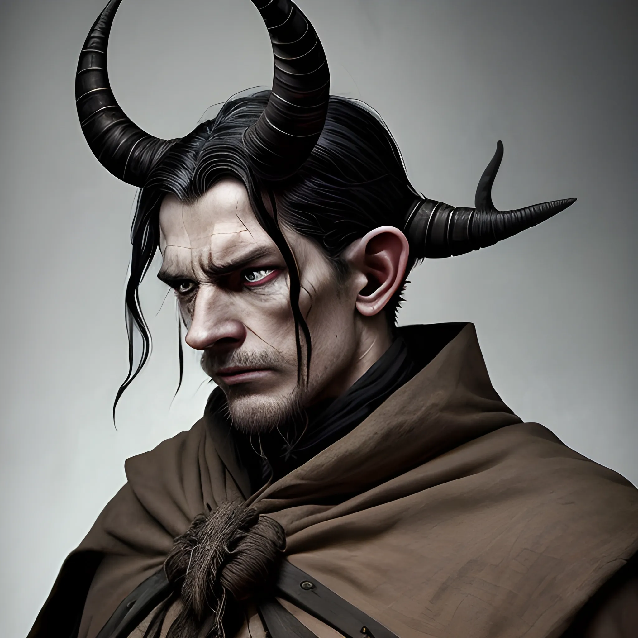 Heinrich stands at a height of around 6 feet, with a lean and athletic build. His Tiefling heritage is evident in his unique physical features, which set him apart from others. His skin bears a deep, ashen hue, reminiscent of charcoal. It feels cool to the touch, hinting at his connection to the realm of the undead. Contrasting with his dusky complexion, his eyes gleam with an intense shade of amber, it lost it' s shines years ago.

A pair of big, curved horns emerge from his forehead, curling back and slightly upwards. They are smooth and polished, a testament to his meticulous care and grooming. Along with his horns, Heinrich possesses a set of pointed, elven-like ears, elongated and tapering to a fine point. His jet-black hair, sleek and straight, falls to his shoulders, framing his face in a sharp and stylish manner.

Heinrich's countenance reflects his sorrowful past. There is a lingering sadness in his eyes, a weight that only comes from carrying the burden of forgotten sins. His facial features are sharp and defined, with a strong jawline that speaks of determination and resolve. However, his expression often bears a hint of weariness and pensiveness, as if he is constantly reflecting on his past actions and seeking answers that lie just beyond his reach.

Dressed in practical and nondescript attire, Heinrich favors dark, muted colors such as deep blues, grays, and blacks. He dons a long, weathered cloak that helps him blend into the shadows, its tattered edges revealing the signs of countless journeys and battles. His armor, made from lightweight materials, allows for agile movement without compromising protection. Strapped to his back is a well-crafted bow, accompanied by a quiver of arrows, emphasizing his skill as a ranger.

Heinrich carries himself with a quiet confidence, though there is an air of restraint about him. He moves with grace and precision, every step deliberate and measured. Though his appearance may evoke a sense of mystery and apprehension in those unfamiliar with Tieflings, those who take the time to know him will find a soul burdened by the weight of past transgressions, seeking redemption in a world that is both harsh and forgiving.