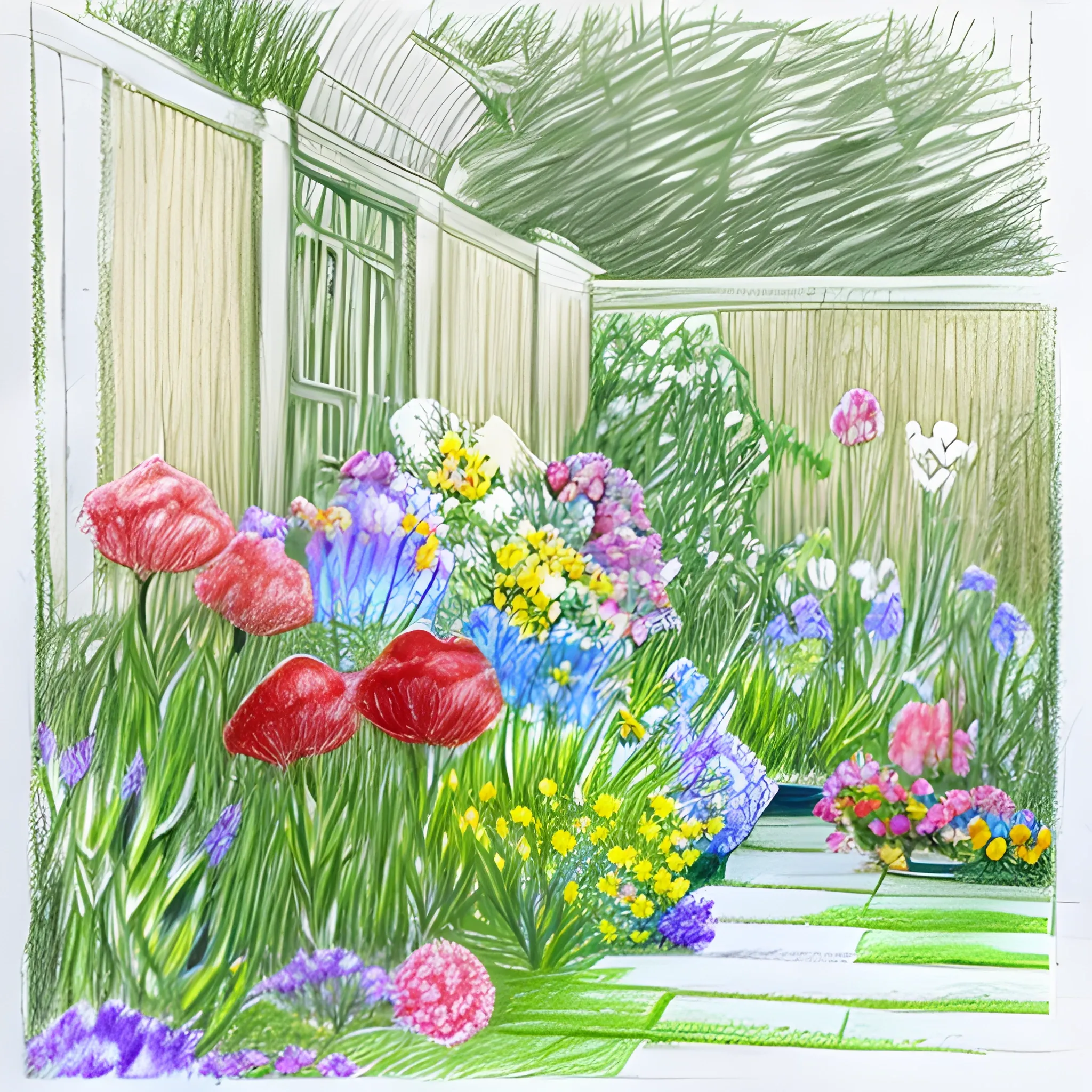 flowers and plants in a garden , Pencil Sketch Arthub.ai
