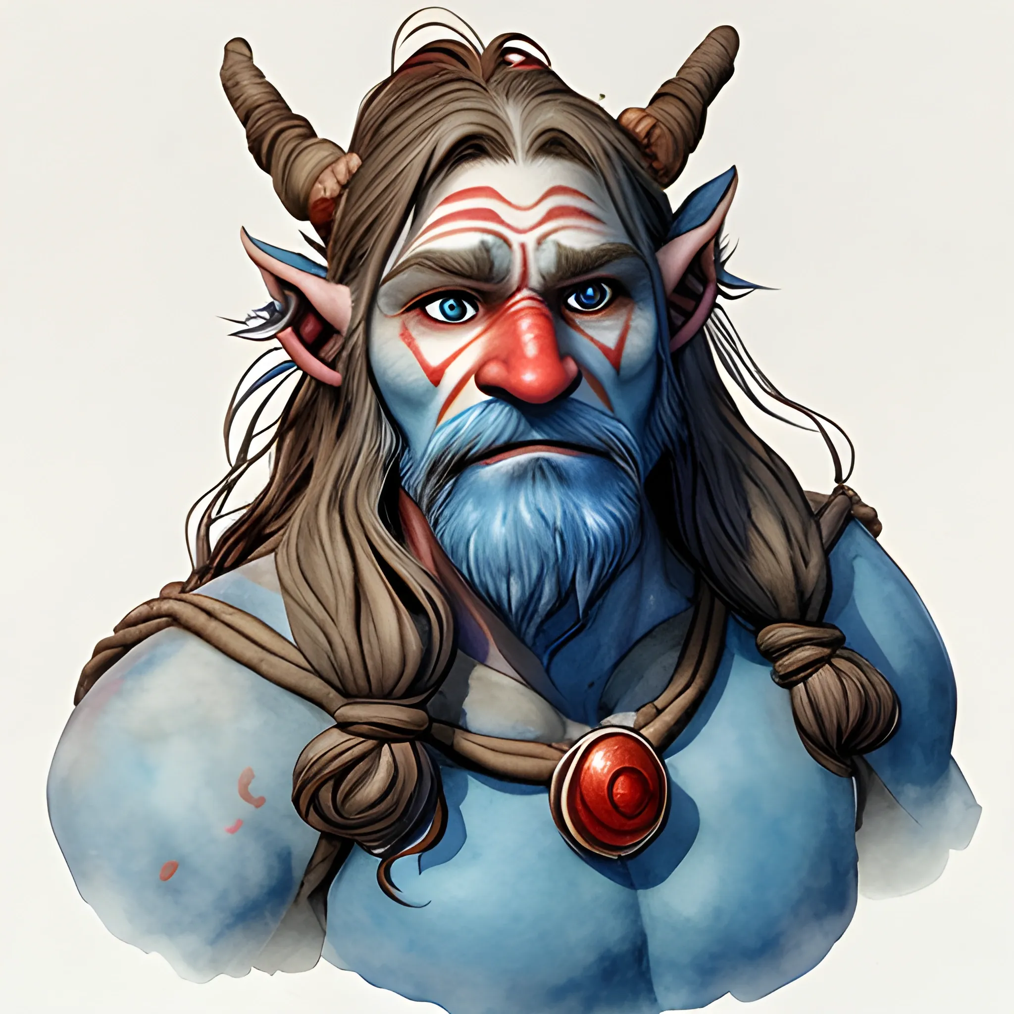 stoic friendly firbolg, head and chest, long hair, big nose, blue skin, red nose, Water Color