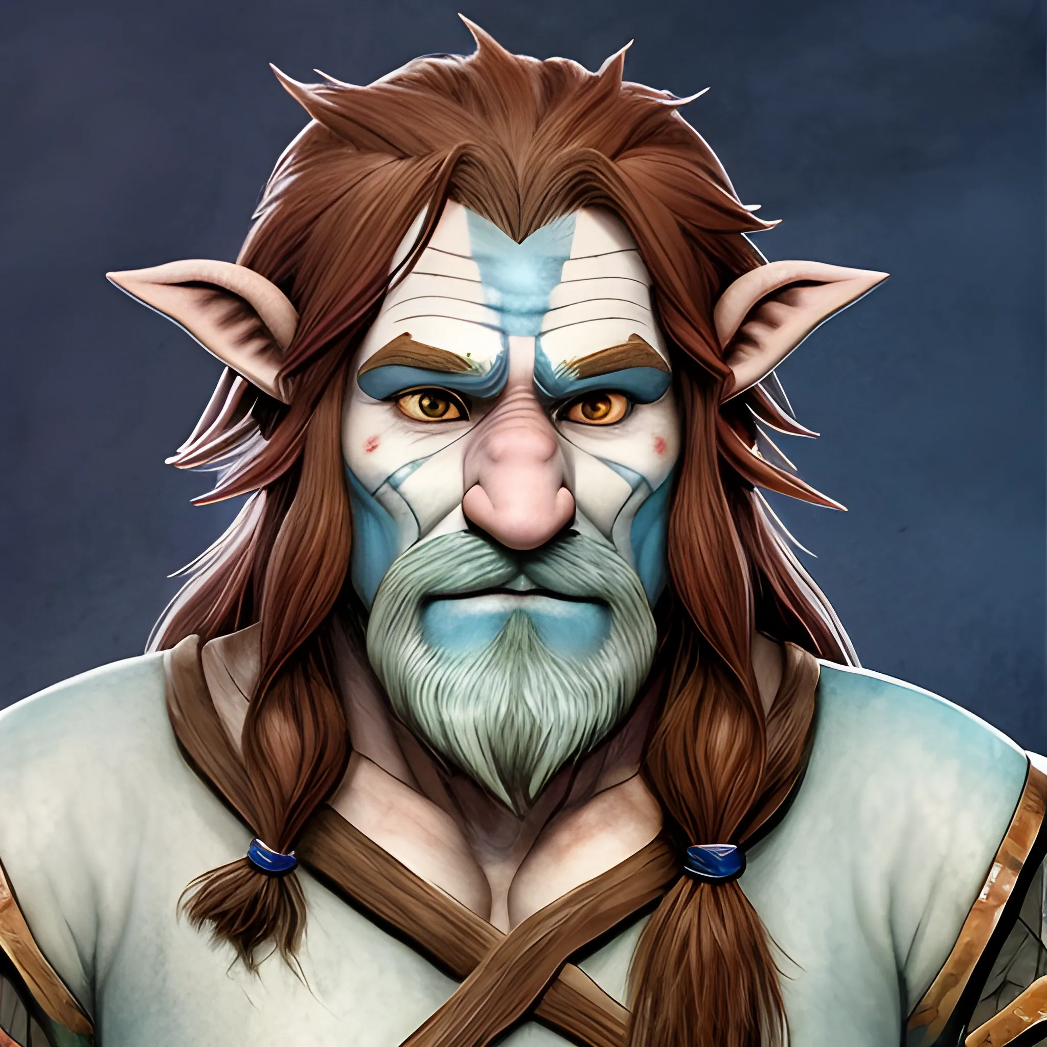 stoic friendly firbolg, head and chest, long hair, big nose, blue skin, red nose, brown hair, Water Color