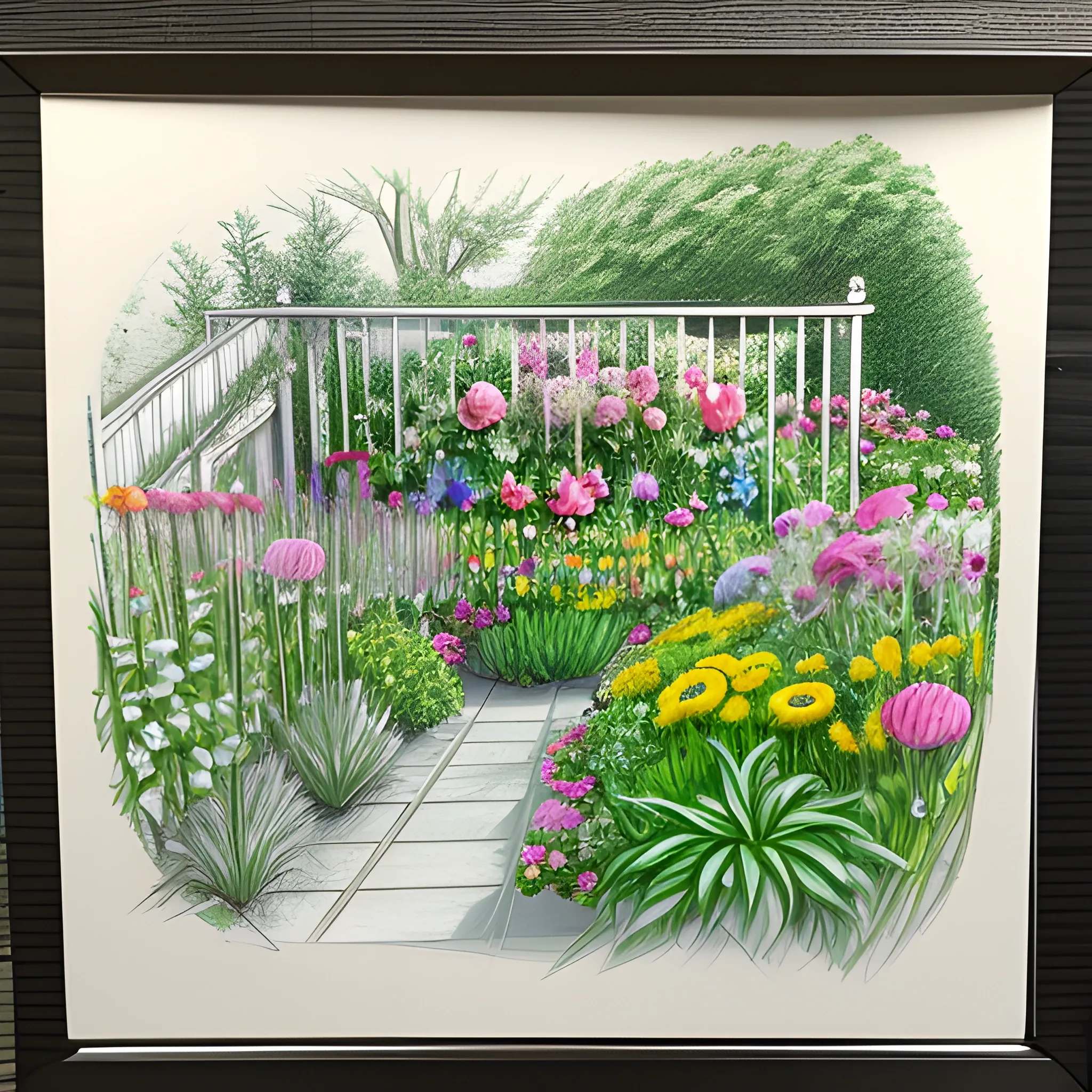 flowers and plants in a garden , Pencil Sketch, 3D