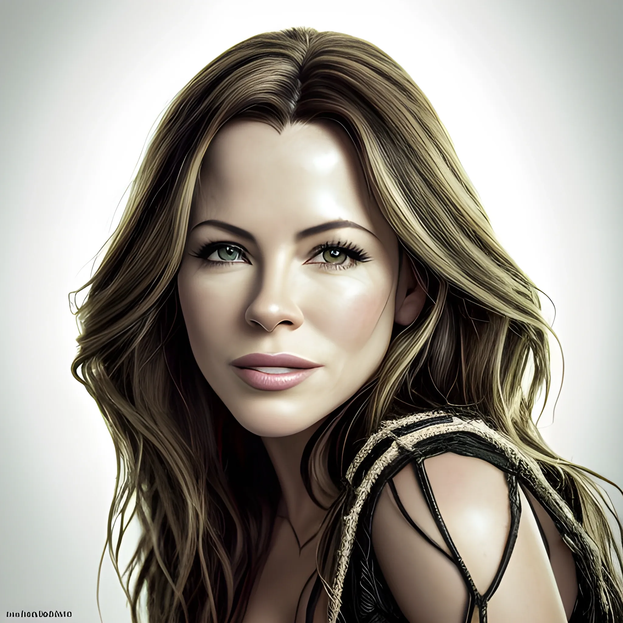 Retrato de bella mujer con la nariz de Kate Beckinsale, los ojos de Megan Fox, el pelo de Madonna, la boca de Christina Applegate. Sonriente. Vestida de azafata. Iluminación cinematográfica. Foto realismo. Alta definición. Imagen tomada desde lente Karlsize