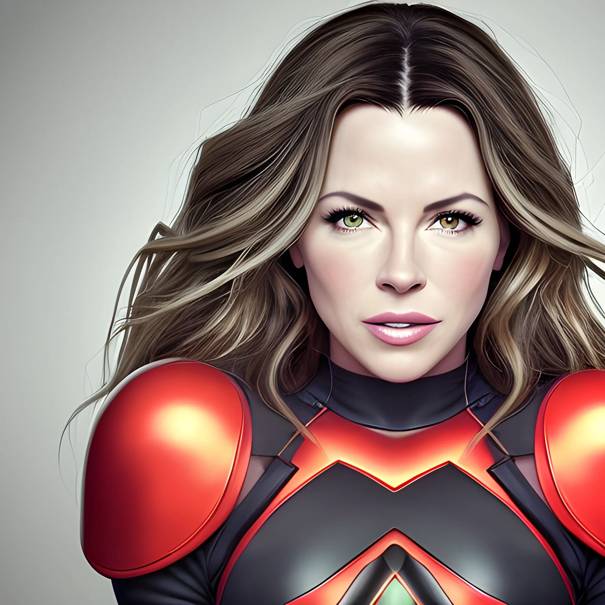 Retrato de bella mujer con la nariz de Kate Beckinsale, los ojos de Megan Fox, el pelo de Madonna, la boca de Christina Applegate. Sonriente. Iluminación cinematográfica. Foto realismo. Alta definición. Imagen tomada desde lente Karlsize. Uniforme de aviadora del futuro para personaje de videojuego. Estilo foto real.