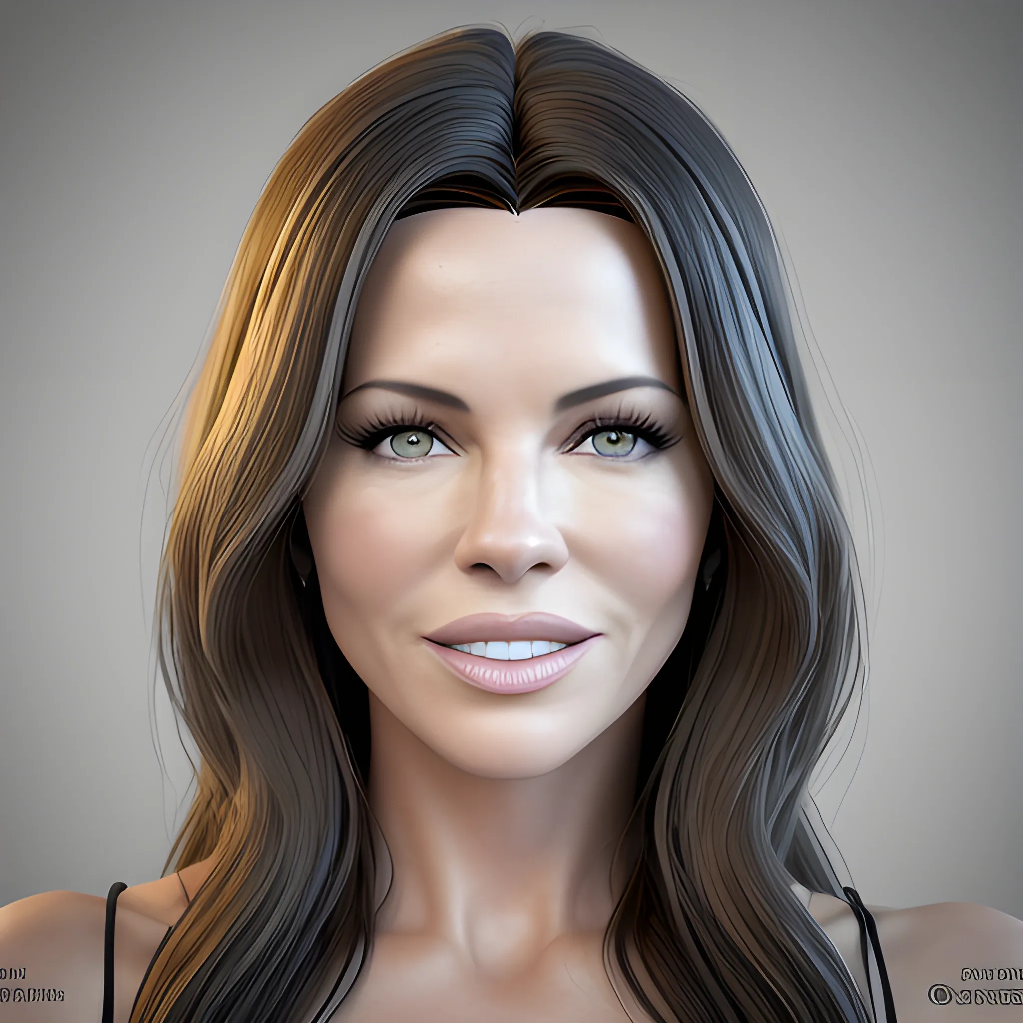 textura para mesh de modelo 3D de bella mujer con la nariz de Kate Beckinsale, los ojos de Megan Fox, el pelo de Madonna, la boca de Christina Applegate. Sonriente. Iluminación cinematográfica. Foto realismo. Alta definición. Imagen tomada desde lente Karlsize. Estilo foto real., 3D