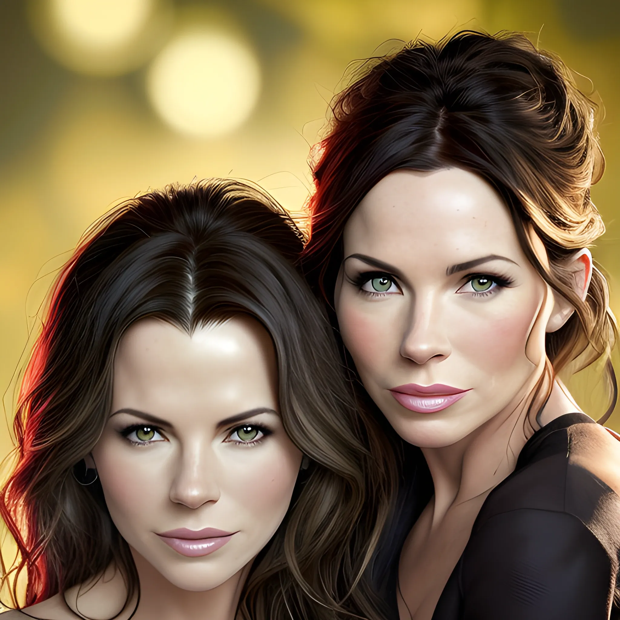 plano de bella mujer con la nariz de Kate Beckinsale, los ojos de Megan Fox, el pelo negro ébano, la boca de Christina Applegate. Sonriente. Iluminación cinematográfica. Foto realismo. Alta definición. Imagen tomada desde lente Karlsize. Estilo foto real. photobook style