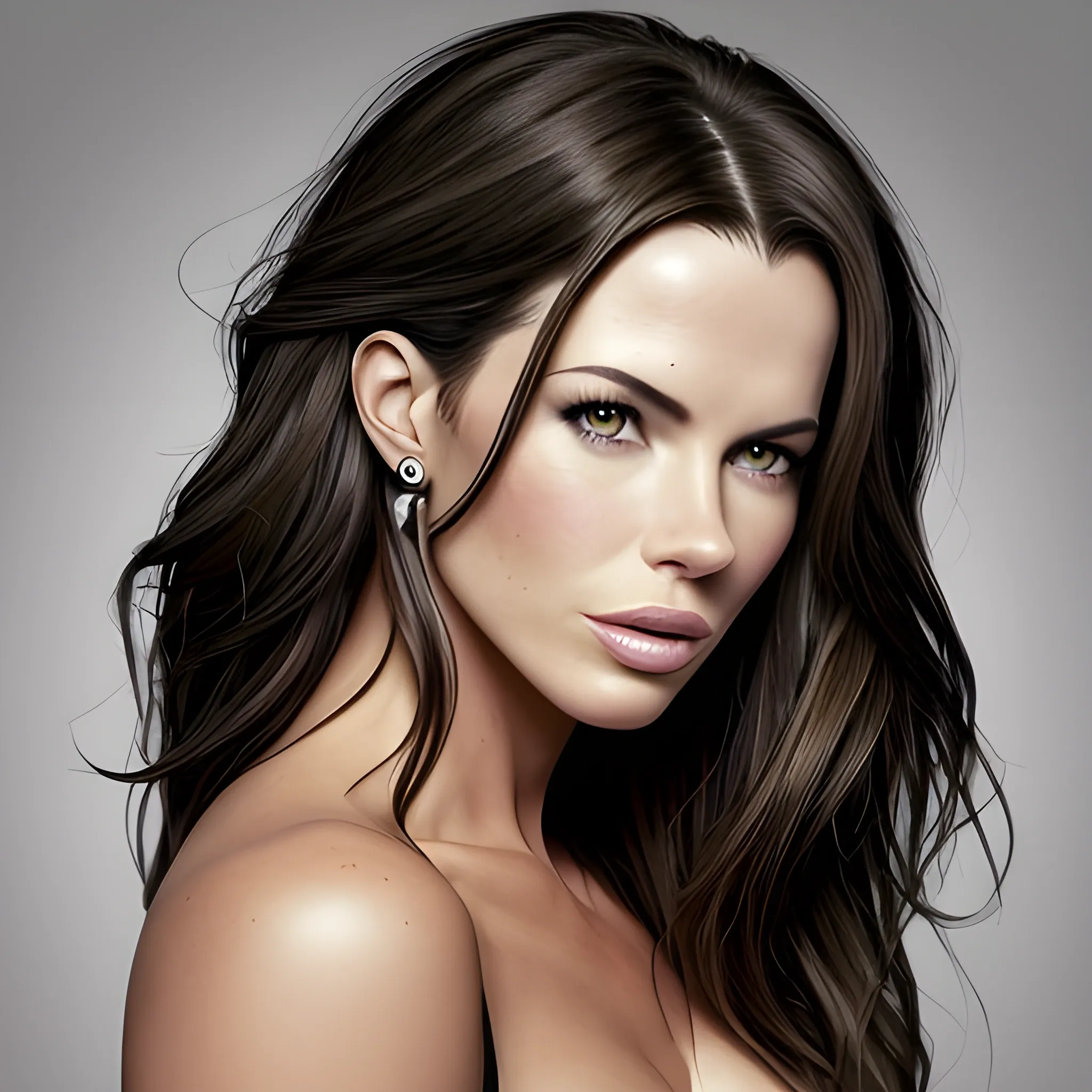 plano de bella mujer con la nariz de Kate Beckinsale, los ojos de Megan Fox, el pelo negro, la boca de Alicia Sylverston. mirada penetrante. Iluminación cinematográfica. Foto realismo. Alta definición. Imagen tomada desde lente Karlsize. Estilo foto real. photobook style