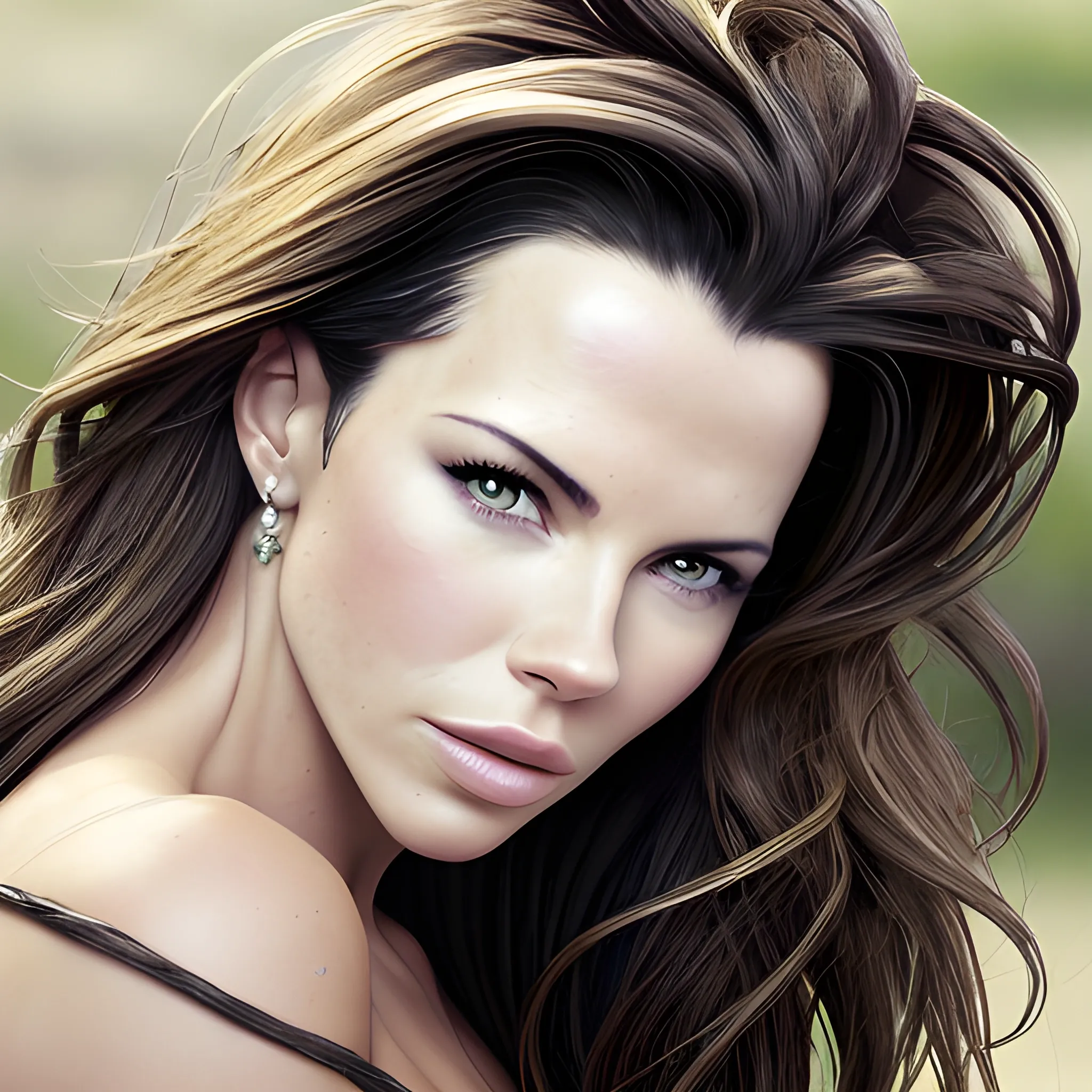 plano de bella mujer con la nariz de Kate Beckinsale, los ojos de Megan Fox, el pelo negro de Shakira, la boca de Alicia Sylverston. mirada soñadora. Iluminación cinematográfica. Foto realismo. Alta definición. Imagen tomada desde lente Karlsize. Estilo foto real. photobook style