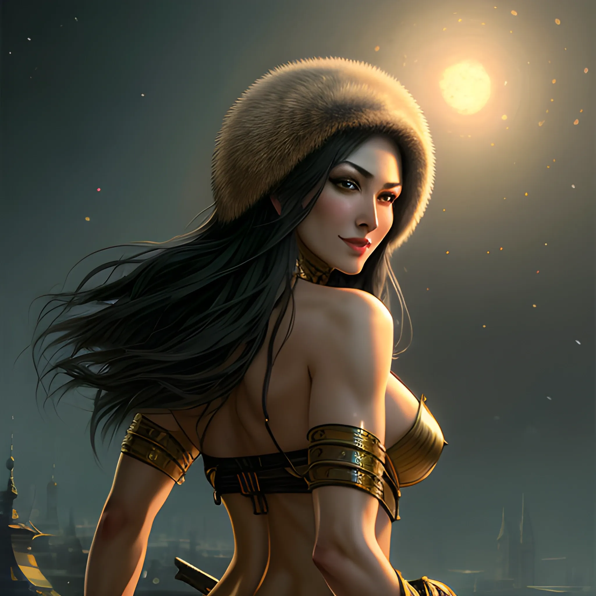 female siberian Russian concubine with slim curvy body, wearing a ushanka, at night, 1400s, painting by gaston bussiere, greg rutkowski, yoji shinkawa, yoshitaka amano, tsutomu nihei, donato giancola, tim hildebrandt, oil on canvas, {full body shot:from behind shot:looking over shoulder}, traditional russian clothing, trending on artstation, featured on pixiv, cinematic composition, extreme detail, metahuman creator, (best quality:1.4), ((masterpiece)), ((realistic)), (detailed), portrait_of_exotic_girls, seductive_smile, (((sexy))), godrays, dust in the air, 3D