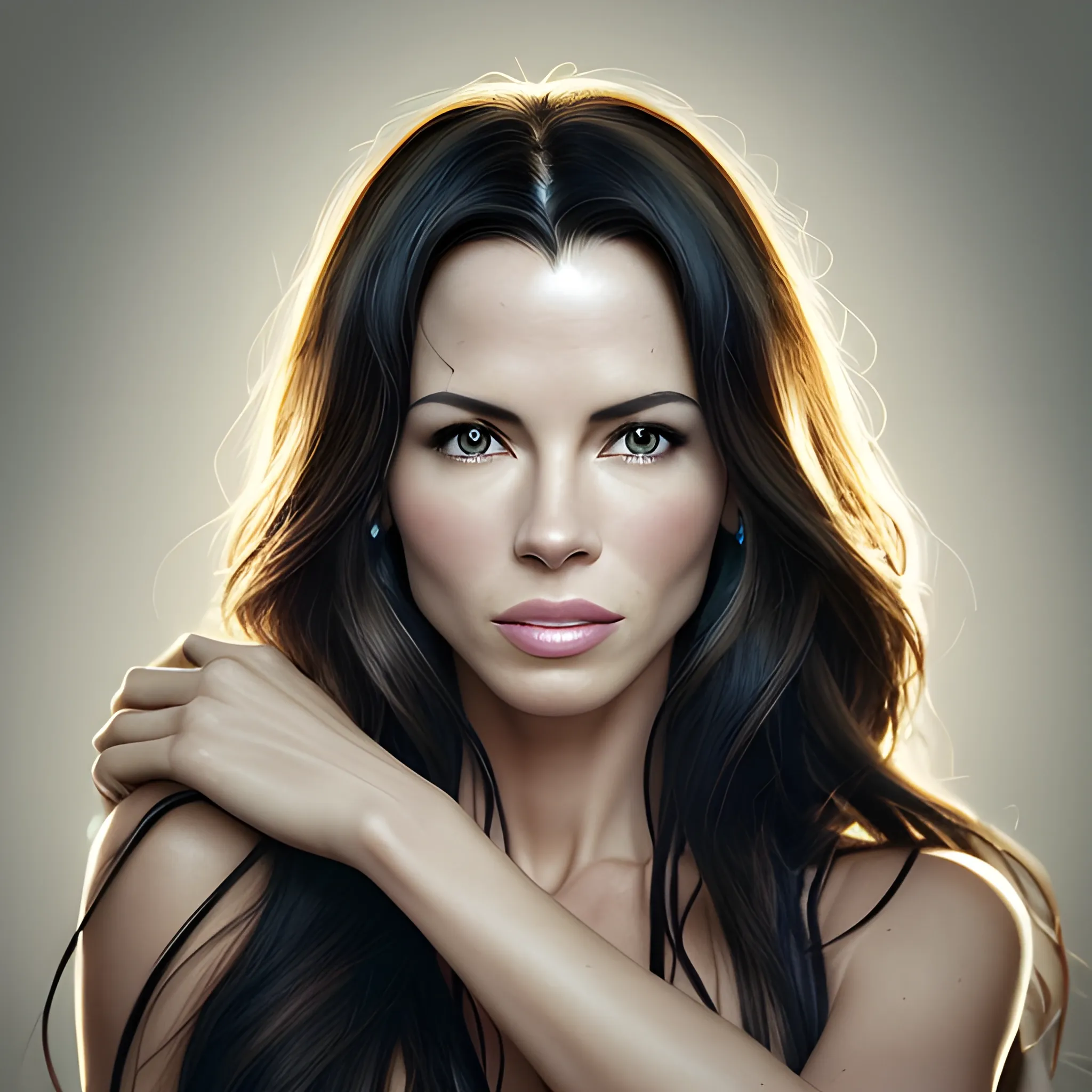 plano de bella mujer con la nariz de Kate Beckinsale, los ojos de Lucy Liu, el pelo negro de Shakira, la boca de Megan Fox. sonriente. Iluminación cinematográfica. Foto realismo. Alta definición. Imagen tomada desde lente Karlsize. Estilo foto real. photobook style