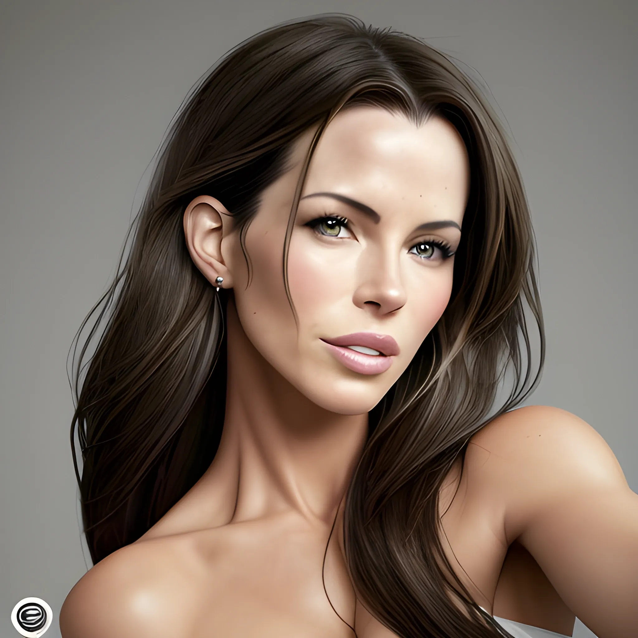 plano de bella mujer con la nariz de Kate Beckinsale, ojos japoneses, pelo negro de Shakira, la boca de Megan Fox. sonriente. Iluminación cinematográfica. Foto realismo. Alta definición. Imagen tomada desde lente Karlsize. Estilo foto selfie. photobook style