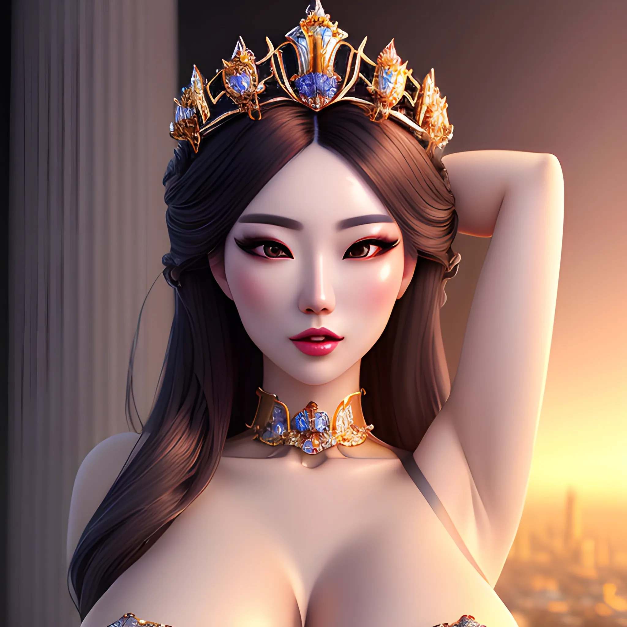  <lora:koreanDollLikeness_v15:0.5>, <lora:taiwanDollLikeness_v10:0.2>, ulzzang-6500v1.1,(original: 1.2), (realistic: 1.3) (mixed Korean), beautiful girl with beautiful details, extremely detailed eyes and face, eyes with beautiful details, absurd, incredibly absurd, huge file size, ultra detail, high resolution, ultra detailed, best quality, masterpiece, illustration, ultra detailed and beautiful, ultra detailed, CG, unity, 8k wallpaper, amazing, fine Detail, masterpiece, top quality, official art, extremely detailed CG unity 8k wallpaper, cinematic lighting, (perfect shiny skin:0.6), slim and smooth lines, (floating),(large breasts:1.5), (evening dress:1.4),((Tiara on head)),