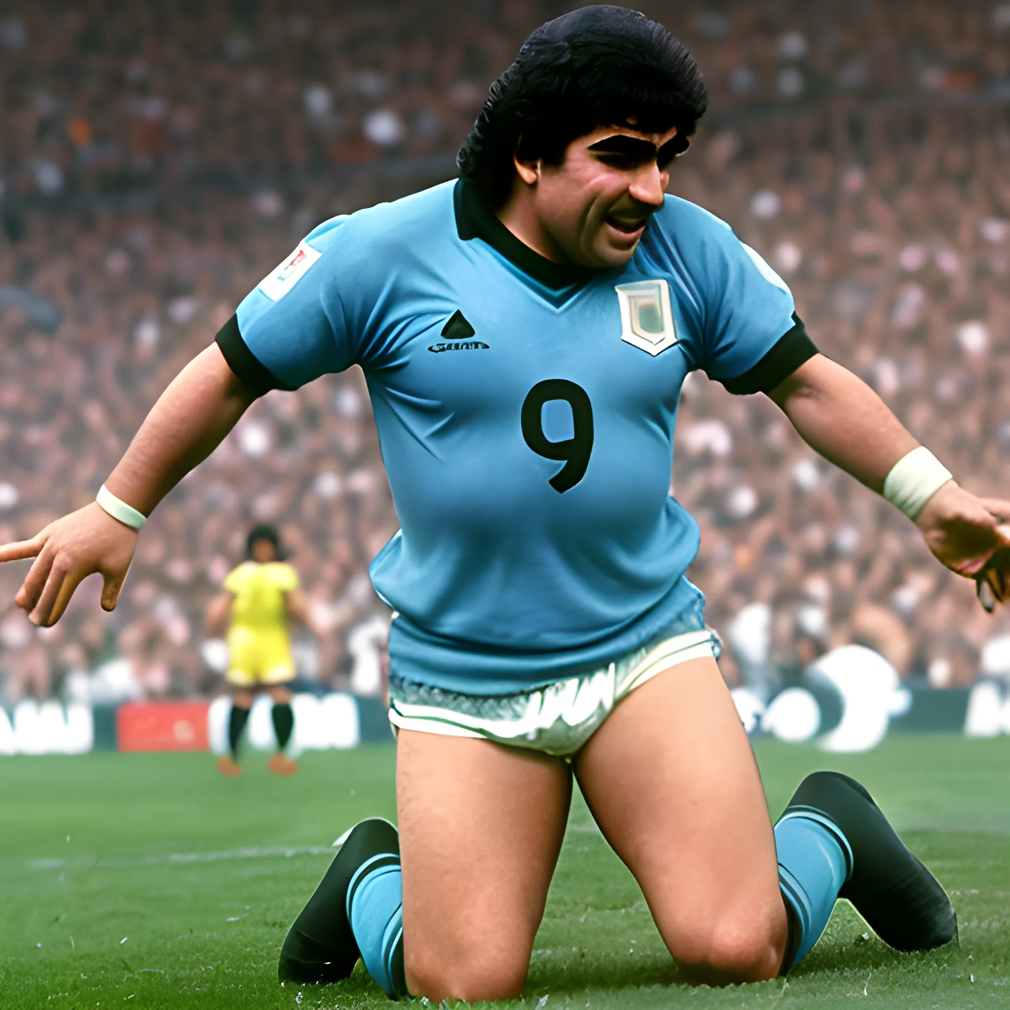 Jugador argentino Diego Armando Maradona. Mundial de México 1986. Convierte el gol de "La Mano de Dios" a Inglaterra. Cámara subjetiva vista desde el arquero Peter Shilton que recibe el gol de Maradona en contra de su arco
