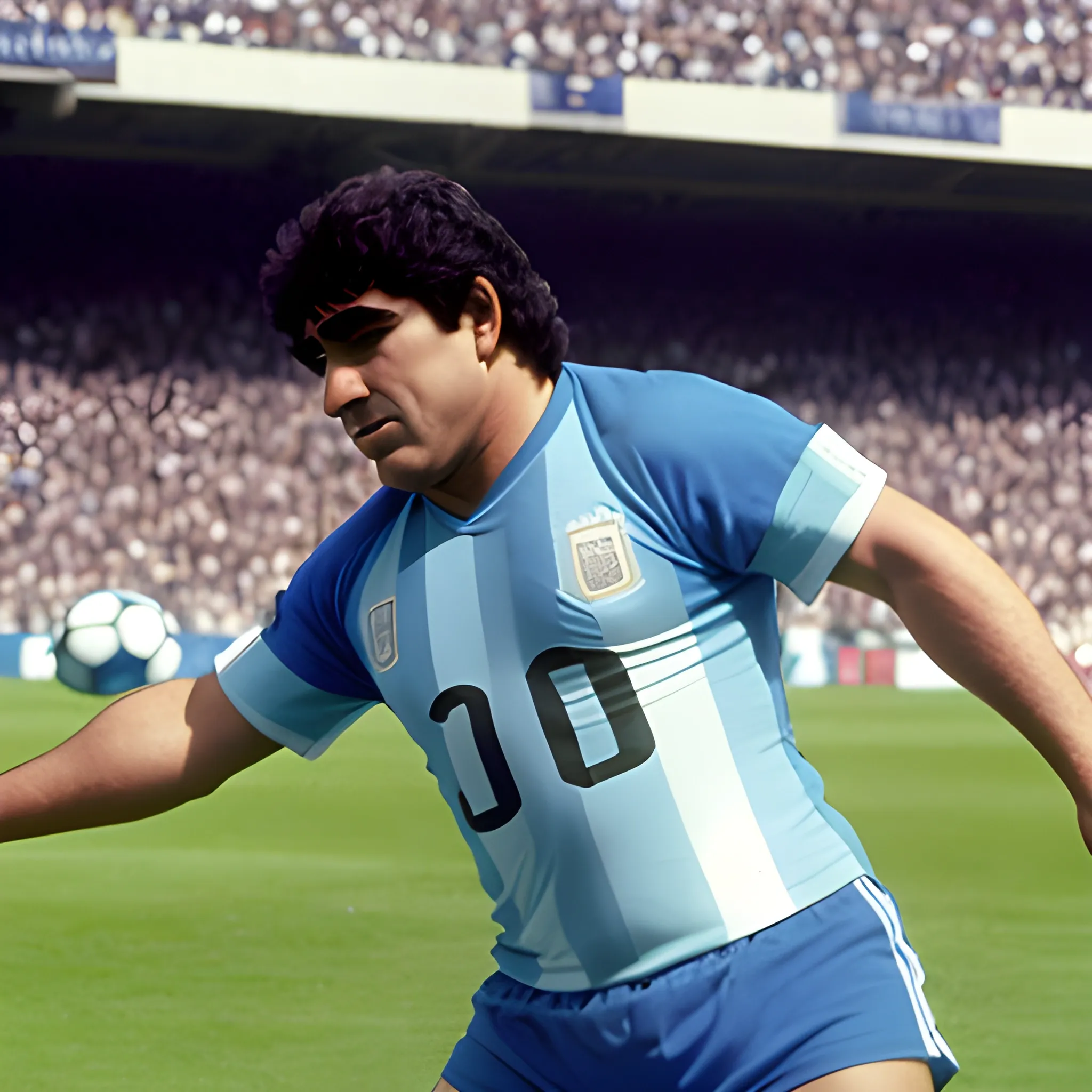 Jugador argentino Diego Armando Maradona. Mundial de México 1986. Convierte el gol de "La Mano de Dios" a Inglaterra. Cámara subjetiva vista desde el arquero Peter Shilton que recibe el gol de Maradona en contra de su arco. Maradona vestido con camiseta de selección argentina. Maradona está saltando para golpear la pelota con la mano antes de que la alcance el arquero Peter Shilton. Día soleado. Estadio lleno de gente. Maradona con camiseta número 10. Camiseta azul y pantalon blanco.