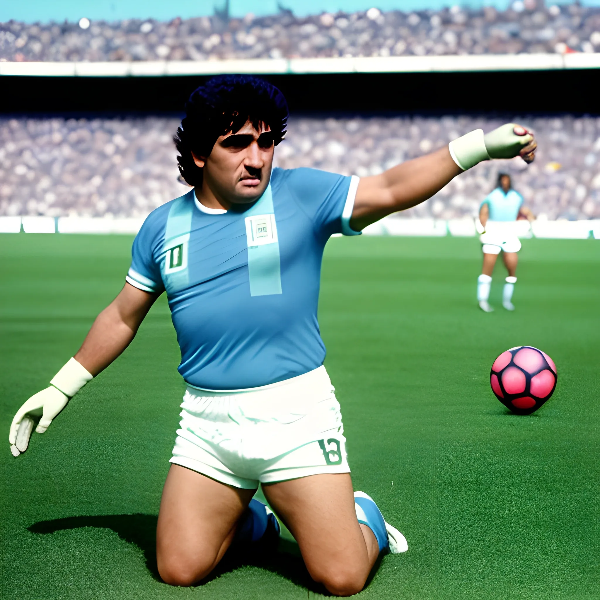 Jugador argentino Diego Armando Maradona. Mundial de México 1986. Convierte el gol de "La Mano de Dios" a Inglaterra. Cámara subjetiva vista desde el arquero Peter Shilton que recibe el gol de Maradona en contra de su arco. Maradona vestido con camiseta de selección argentina. Maradona está saltando para golpear la pelota con la mano antes de que la alcance el arquero Peter Shilton. Día soleado. Estadio lleno de gente. Maradona con camiseta número 10. Camiseta azul y pantalon blanco.