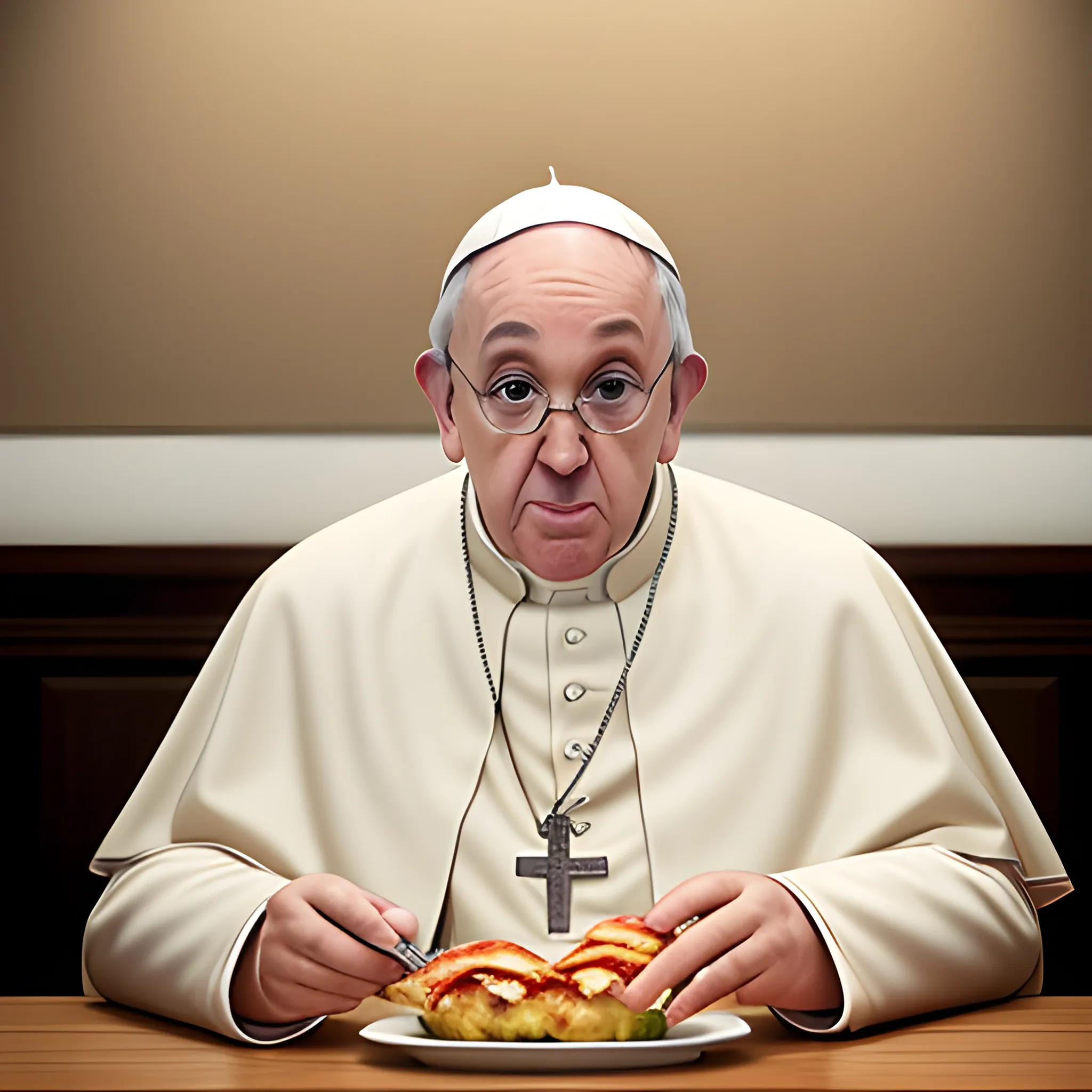 Catholic Pope Francis eating a chicken roll, taken with a Canon EOS R camera with a 50mm lens
f/1.8 lens, f/2.2 aperture, 1/200 s shutter speed, ISO
100 and daylight, full body, hyper realistic
photography, cinematic, cinema, hyperdetail, UHD,
Color correction, hdr, color grading, hyper-realistic CG
animation --ar 4:5 --upbeta --q 2.