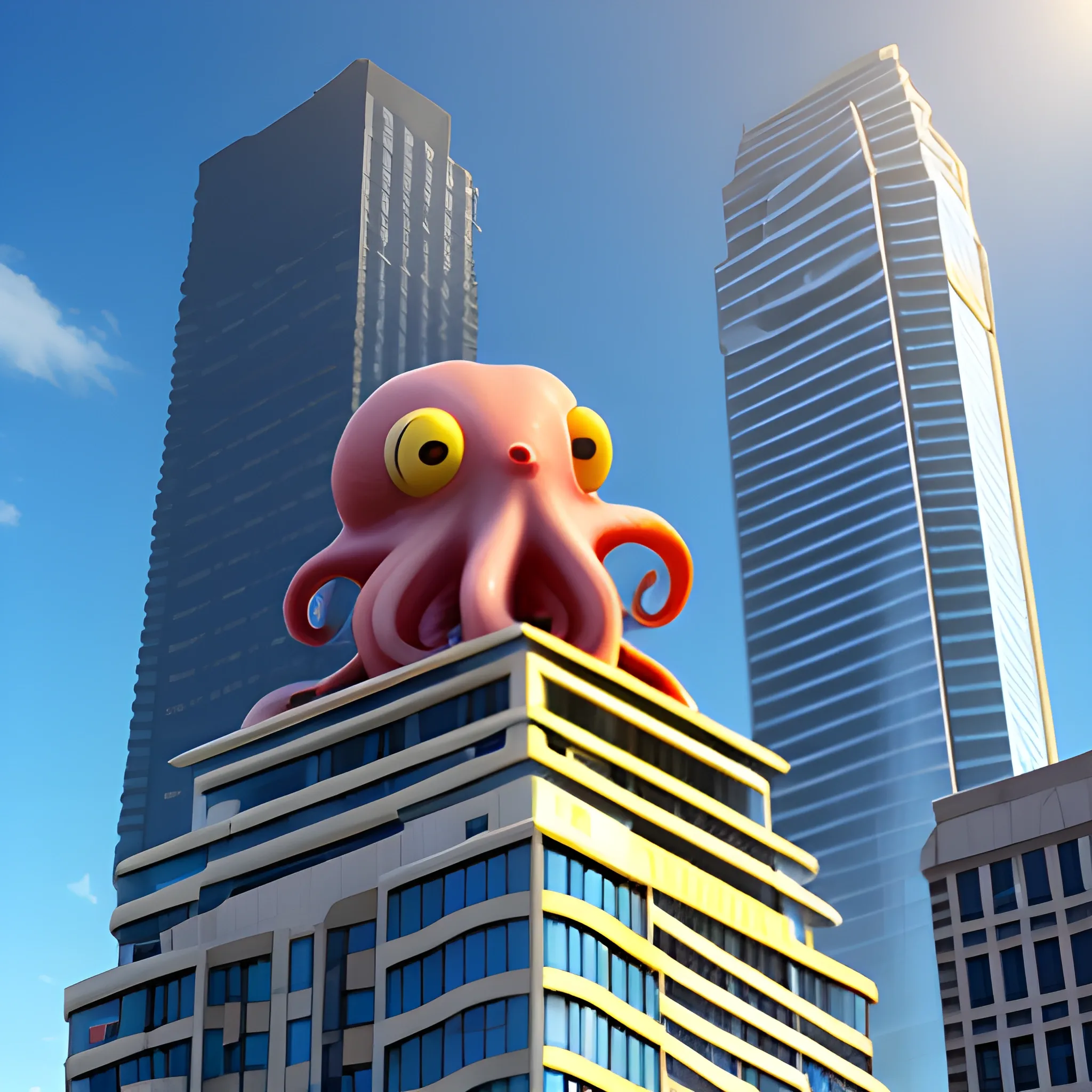 A big octopus on a skyscraper in the sunlight, 3D