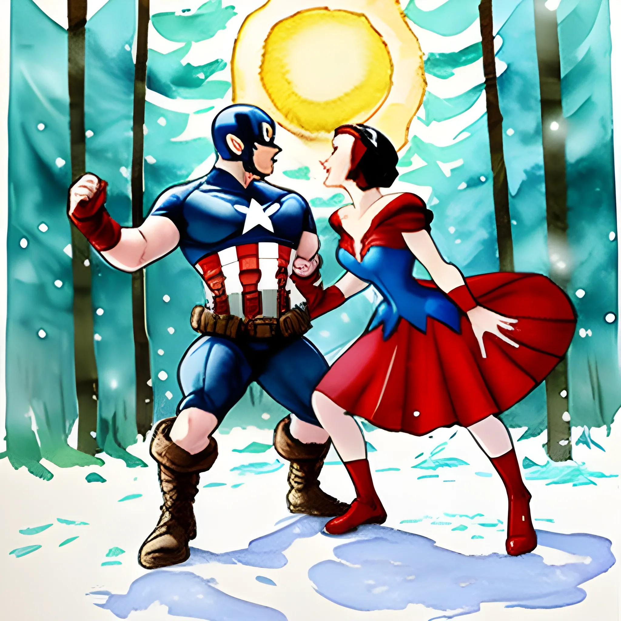 Captain America and Snow White are dancing in the forest. There are sun dwarfs, Water Color