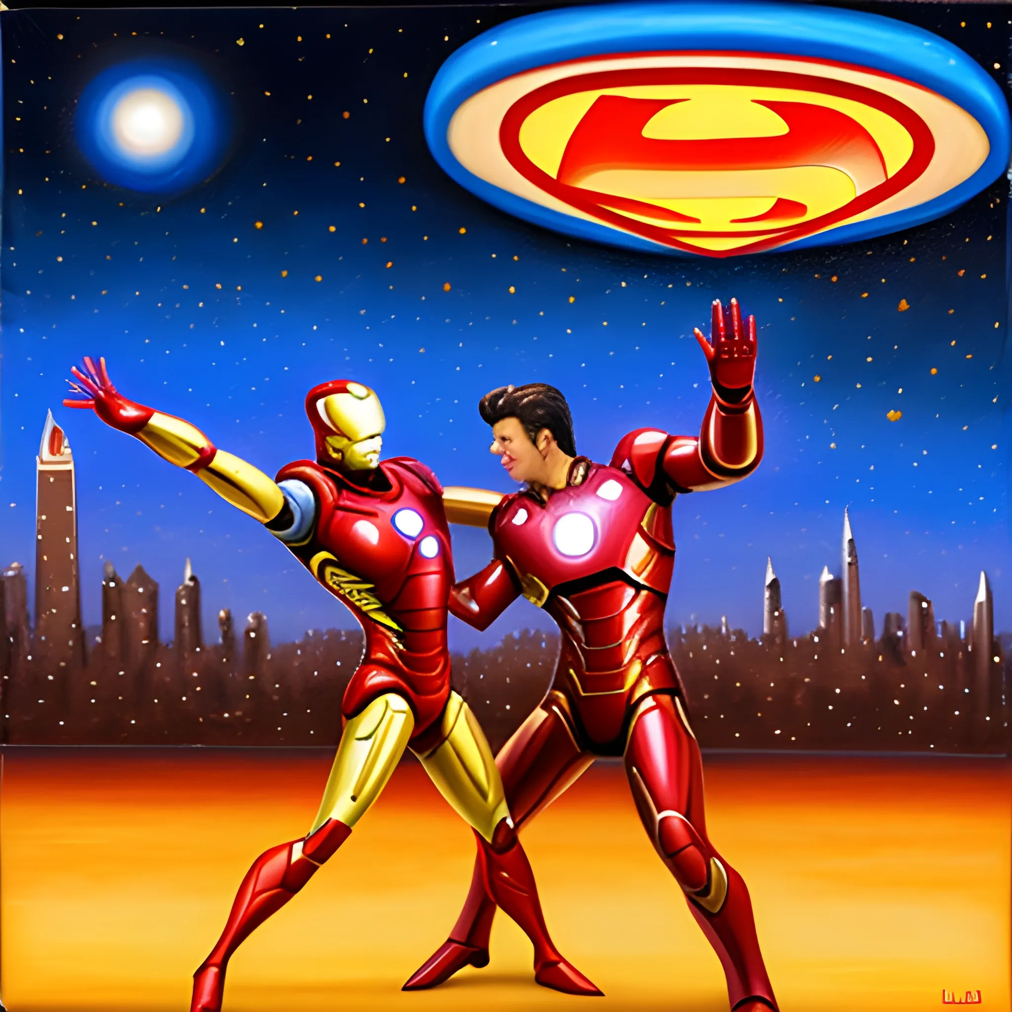 Iron Man and Superman Dance in the City with Starry UFO, Oil Painting