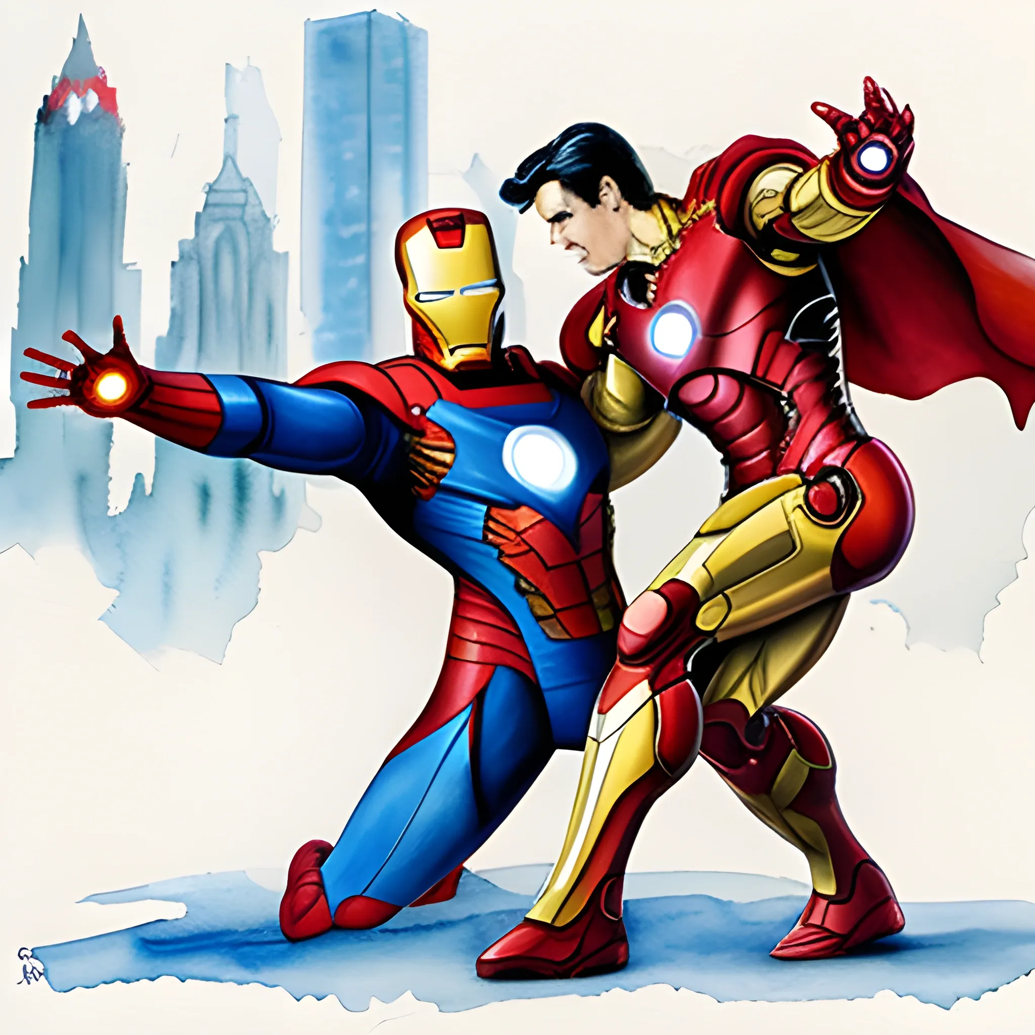Iron Man and Superman Dance in the City, Water Color