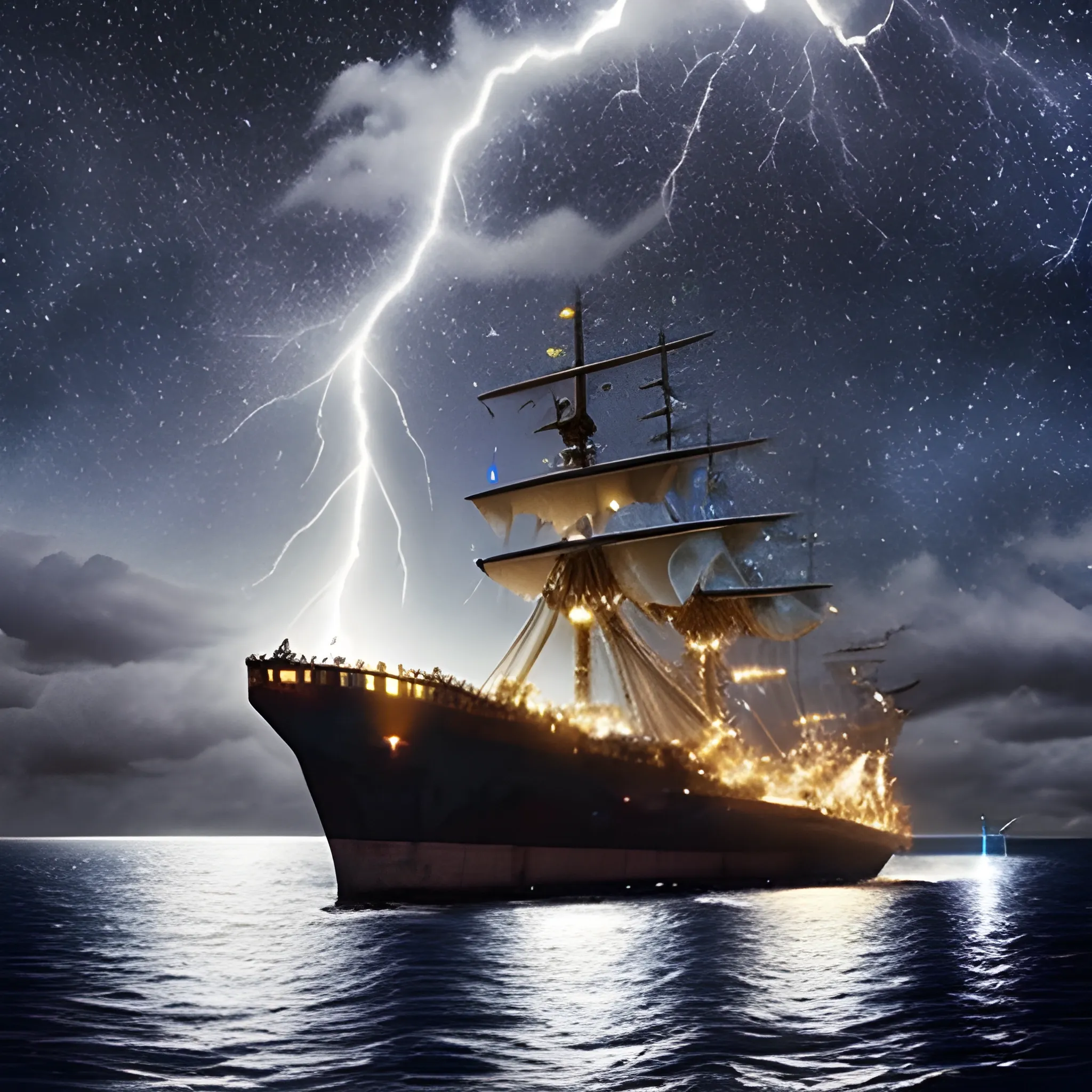 starry sky Earth  clouds lightning destruction ship