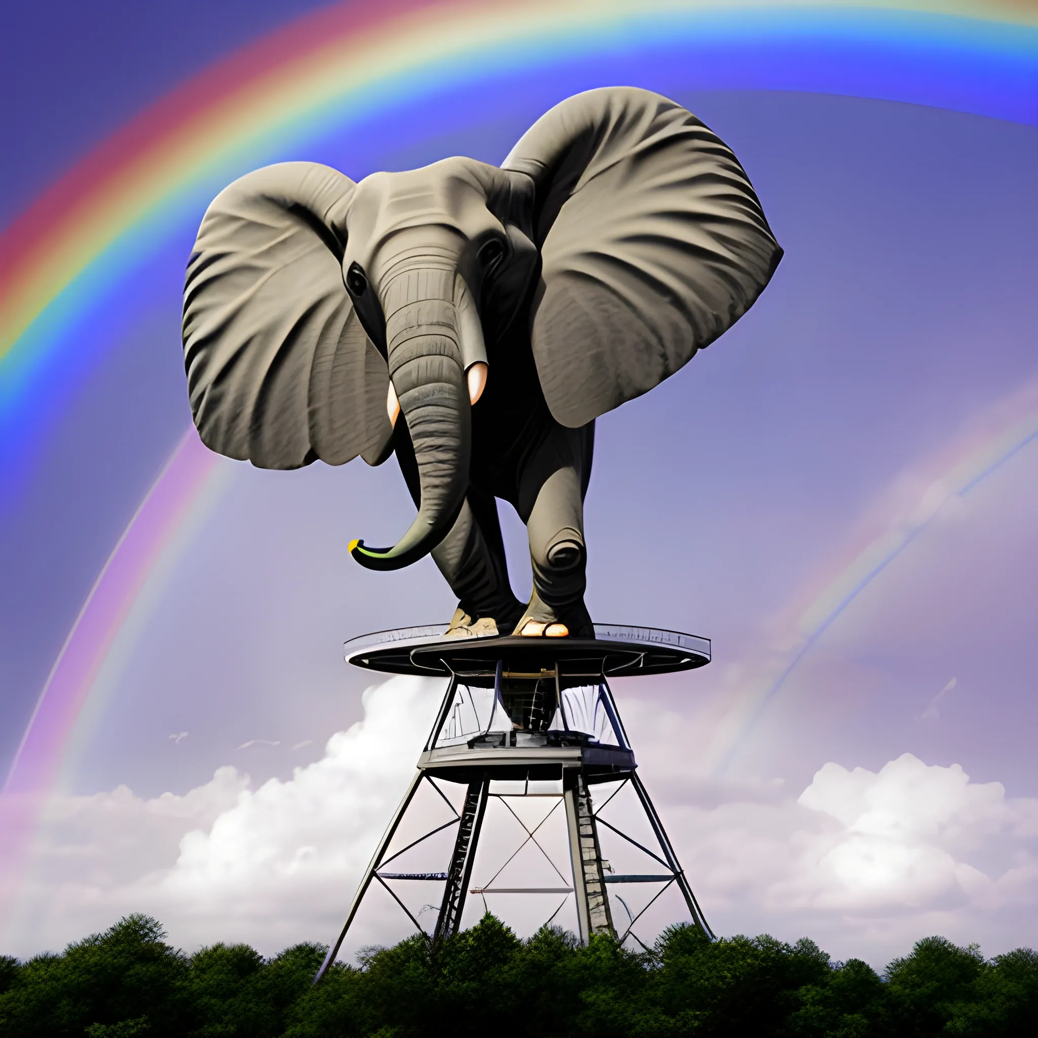 Flying elephant, Ohio State University Radio Observatory, sky, rainbow, high-precision3D