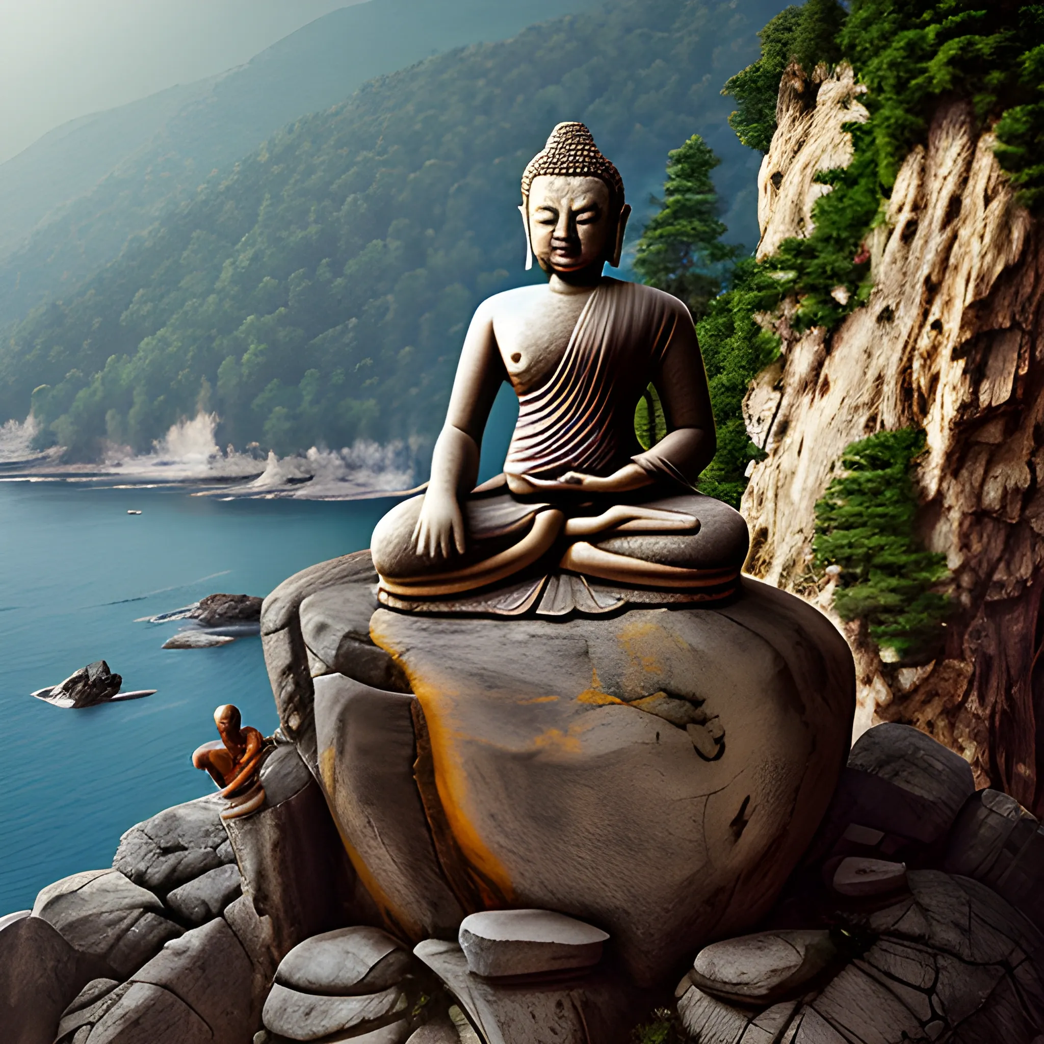 A determined Buddha Realized, standing atop a rocky cliff.