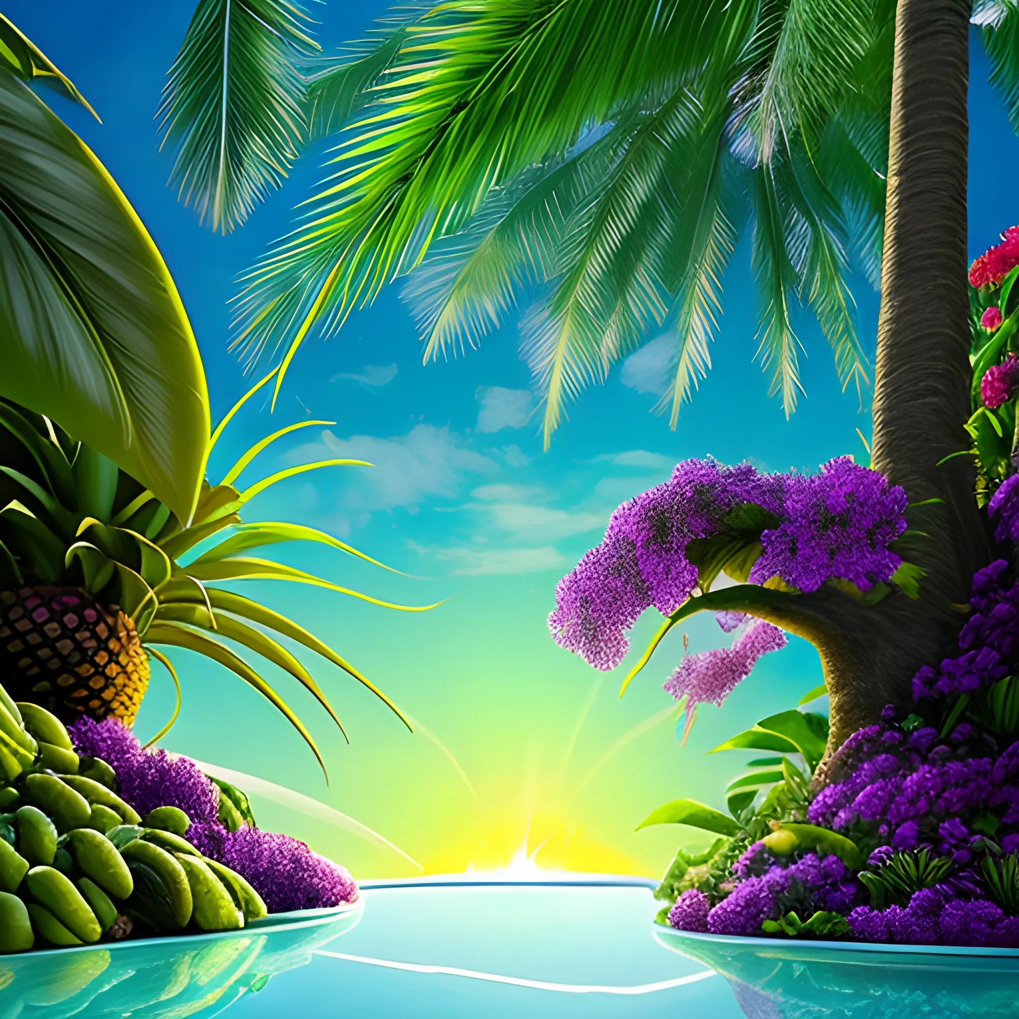 1. Begin by creating a surrealistic background with vibrant and lush tropical scenery. Use bold and contrasting colors to depict the foliage of the trees and the surrounding landscape.
2. Incorporate surreal elements like towering trees emerging from the drink, their branches extending towards the sky. Let your imagination guide you as you create unique and fantastical tree formations.
3. Integrate hidden or partially visible caves or grottoes within the drink, giving the impression of an otherworldly oasis. Use intricate details and lighting to create an alluring and mysterious atmosphere.
4. Along the base of the wine glass, place a variety of refreshing fruits like apples, grapes, bananas, and pineapple. Play with their sizes and positions, allowing them to blend seamlessly into the composition.
5. Use vibrant and juicy colors for the fruits to enhance their refreshing appeal. Consider adding droplets of water on their surfaces to emphasize their coolness.
6. Incorporate subtle reflections and refractions on the glass surface to add a touch of realism. This will enhance the visual impact of the fruits and the surrounding environment.
7. Experiment with lighting to create a sense of sunlight filtering through the tropical foliage. Play with rays of light, casting shadows and illuminating certain areas to enhance the depth and atmosphere of the image.
8. Pay attention to the overall composition and ensure a harmonious balance between the surreal elements, the fruits, and the surrounding scenery. Continuously evaluate the visual impact and make necessary adjustments as needed.
9. Lastly, make sure the overall image conveys a sense of refreshment and tranquility. Use colors, textures, and details to evoke a feeling of coolness and relaxation.