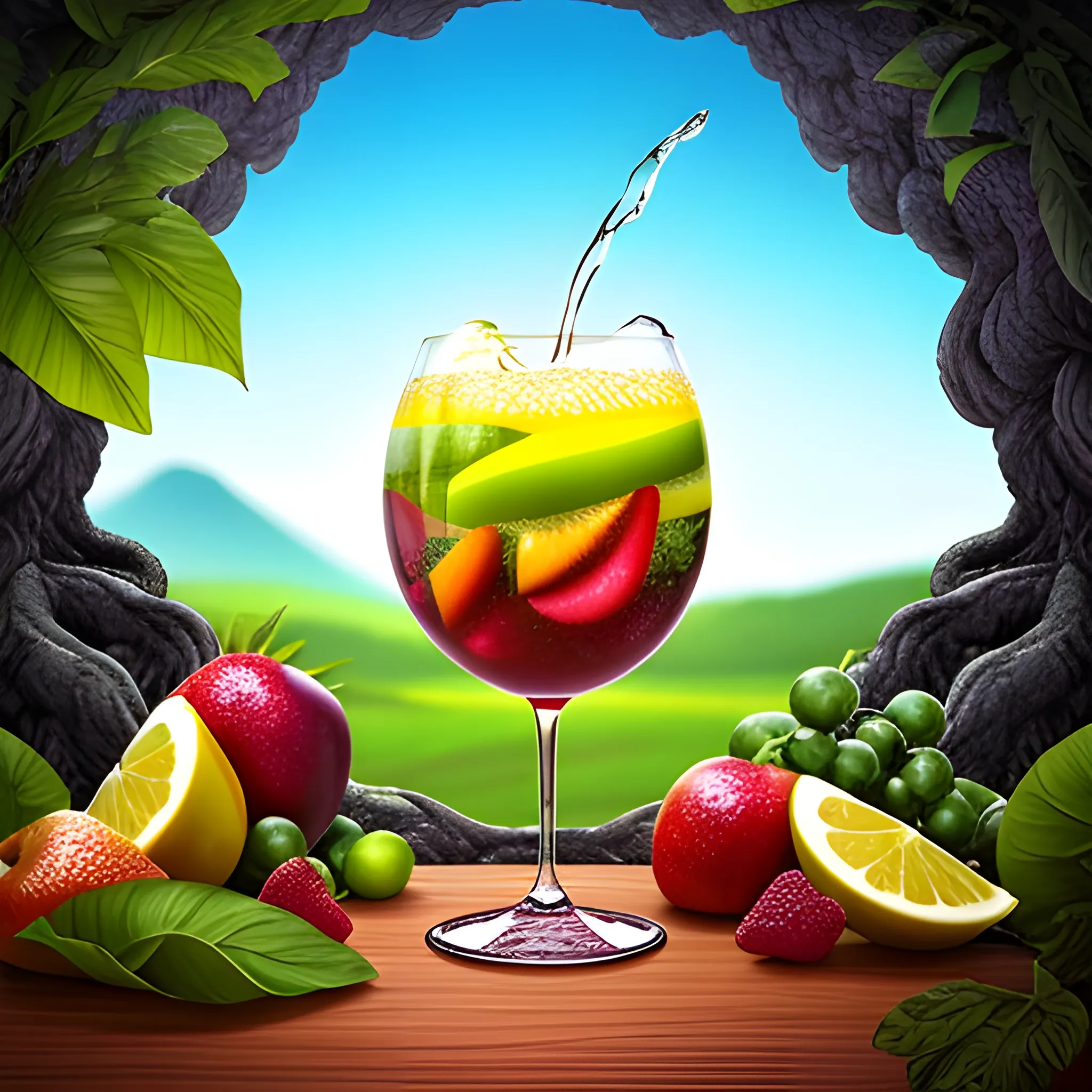 1. Begin by creating a surrealistic background  a cup of sangria with vibrant and lush tropical scenery. Use bold and contrasting colors to depict the foliage of the trees and the surrounding landscape.
2. Incorporate surreal elements like towering trees emerging from the drink, their branches extending towards the sky. Let your imagination guide you as you create unique and fantastical tree formations.
3. Integrate hidden or partially visible caves or grottoes within the drink, giving the impression of an otherworldly oasis. Use intricate details and lighting to create an alluring and mysterious atmosphere.
4. Along the base of the wine glass, place a variety of refreshing fruits like apples, grapes, bananas, and pineapple. Play with their sizes and positions, allowing them to blend seamlessly into the composition.
5. Use vibrant and juicy colors for the fruits to enhance their refreshing appeal. Consider adding droplets of water on their surfaces to emphasize their coolness.
6. Incorporate subtle reflections and refractions on the glass surface to add a touch of realism. This will enhance the visual impact of the fruits and the surrounding environment.
7. Experiment with lighting to create a sense of sunlight filtering through the tropical foliage. Play with rays of light, casting shadows and illuminating certain areas to enhance the depth and atmosphere of the image.
8. Pay attention to the overall composition and ensure a harmonious balance between the surreal elements, the fruits, and the surrounding scenery. Continuously evaluate the visual impact and make necessary adjustments as needed.
9. Lastly, make sure the overall image conveys a sense of refreshment and tranquility. Use colors, textures, and details to evoke a feeling of coolness and relaxation.