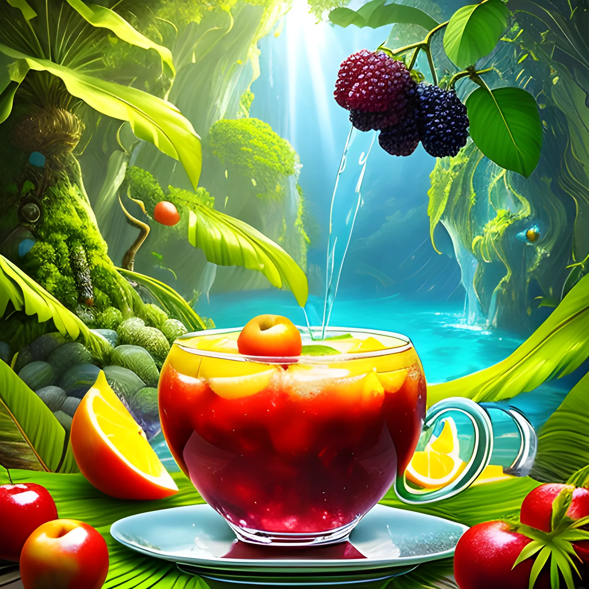 1. Begin by creating a surrealistic background  a cup of sangria with vibrant and lush tropical scenery. Use bold and contrasting colors to depict the foliage of the trees and the surrounding landscape.
2. Incorporate surreal elements like towering trees emerging from the drink, their branches extending towards the sky. Let your imagination guide you as you create unique and fantastical tree formations.
3. Integrate hidden or partially visible caves or grottoes within the drink, giving the impression of an otherworldly oasis. Use intricate details and lighting to create an alluring and mysterious atmosphere.
4. Along the base of the wine glass, place a variety of refreshing fruits like apples, grapes, bananas, and pineapple. Play with their sizes and positions, allowing them to blend seamlessly into the composition.
5. Use vibrant and juicy colors for the fruits to enhance their refreshing appeal. Consider adding droplets of water on their surfaces to emphasize their coolness.
6. Incorporate subtle reflections and refractions on the glass surface to add a touch of realism. This will enhance the visual impact of the fruits and the surrounding environment.
7. Experiment with lighting to create a sense of sunlight filtering through the tropical foliage. Play with rays of light, casting shadows and illuminating certain areas to enhance the depth and atmosphere of the image.
8. Pay attention to the overall composition and ensure a harmonious balance between the surreal elements, the fruits, and the surrounding scenery. Continuously evaluate the visual impact and make necessary adjustments as needed.
9. Lastly, make sure the overall image conveys a sense of refreshment and tranquility. Use colors, textures, and details to evoke a feeling of coolness and relaxation.