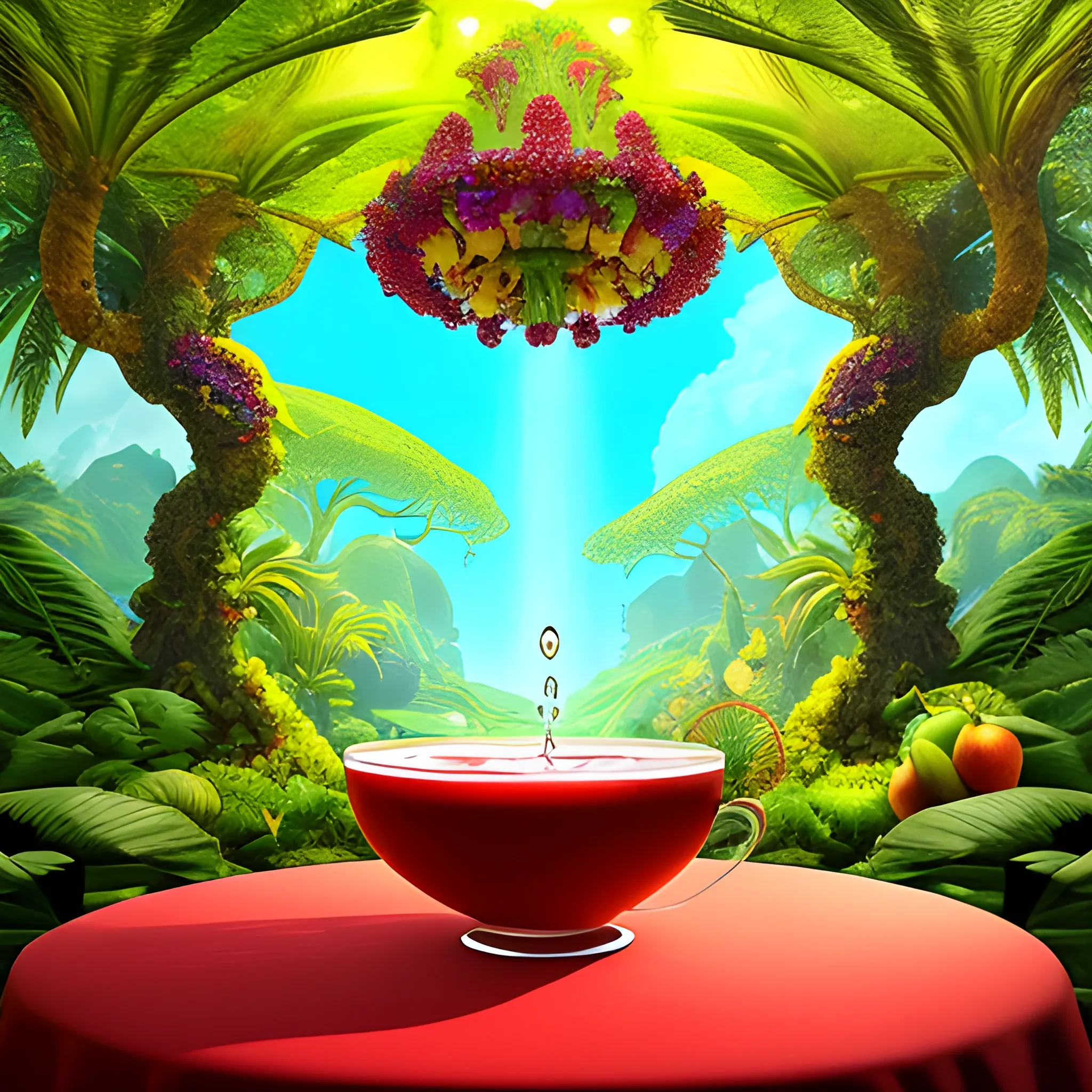 1. Begin by creating a surrealistic background  a cup of sangria with vibrant and lush tropical scenery. Use bold and contrasting colors to depict the foliage of the trees and the surrounding landscape.
2. Incorporate surreal elements like towering trees emerging from the drink, their branches extending towards the sky. Let your imagination guide you as you create unique and fantastical tree formations.
3. Integrate hidden or partially visible caves or grottoes within the drink, giving the impression of an otherworldly oasis. Use intricate details and lighting to create an alluring and mysterious atmosphere.
4. Along the base of the wine glass, place a variety of refreshing fruits like apples, grapes, bananas, and pineapple. Play with their sizes and positions, allowing them to blend seamlessly into the composition.
5. Use vibrant and juicy colors for the fruits to enhance their refreshing appeal. Consider adding droplets of water on their surfaces to emphasize their coolness.
6. Incorporate subtle reflections and refractions on the glass surface to add a touch of realism. This will enhance the visual impact of the fruits and the surrounding environment.
7. Experiment with lighting to create a sense of sunlight filtering through the tropical foliage. Play with rays of light, casting shadows and illuminating certain areas to enhance the depth and atmosphere of the image.
8. Pay attention to the overall composition and ensure a harmonious balance between the surreal elements, the fruits, and the surrounding scenery. Continuously evaluate the visual impact and make necessary adjustments as needed.
9. Lastly, make sure the overall image conveys a sense of refreshment and tranquility. Use colors, textures, and details to evoke a feeling of coolness and relaxation.