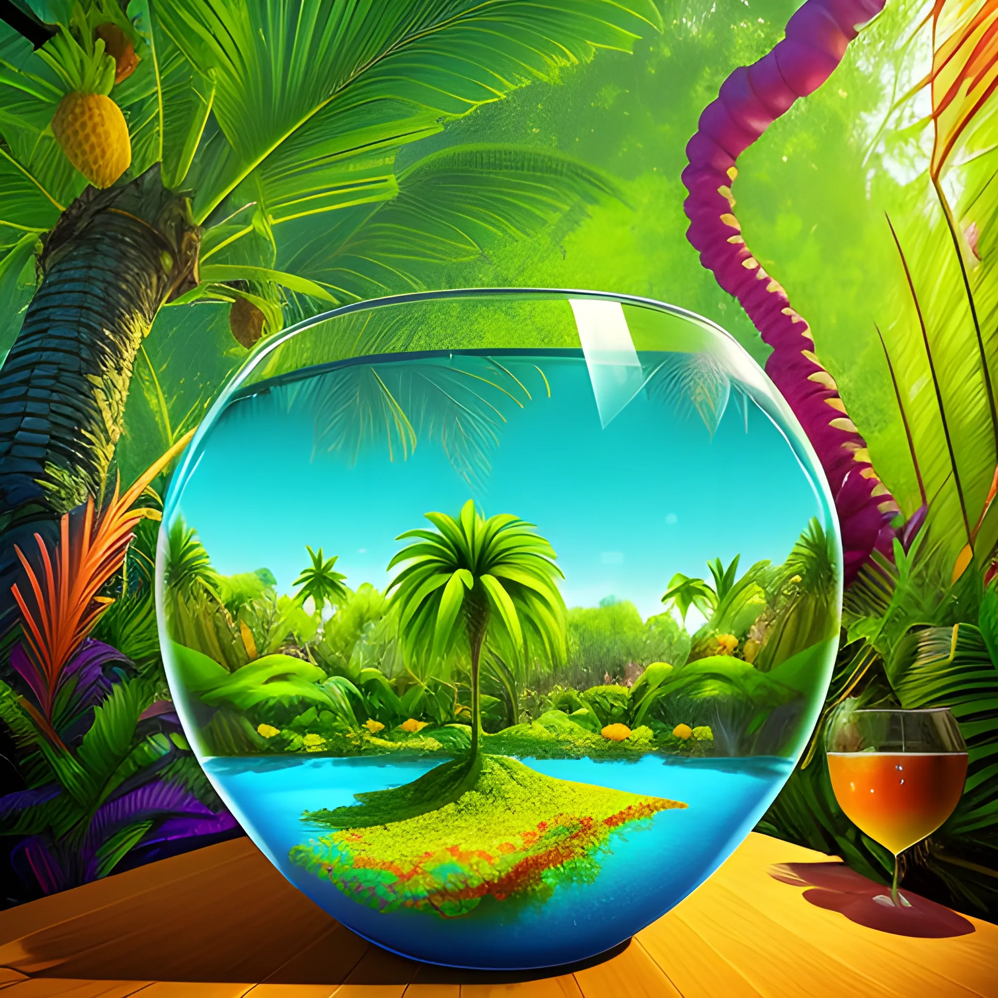 1. Begin by creating a surrealistic background with vibrant and lush tropical scenery. Use bold and contrasting colors to depict the foliage of the trees and the surrounding landscape.
2. Incorporate surreal elements like towering trees emerging from the drink, their branches extending towards the sky. Let your imagination guide you as you create unique and fantastical tree formations.
3. Integrate hidden or partially visible caves or grottoes within the drink, giving the impression of an otherworldly oasis. Use intricate details and lighting to create an alluring and mysterious atmosphere.
4. Along the base of the wine glass, place a variety of refreshing fruits like apples, grapes, bananas, and pineapple. Play with their sizes and positions, allowing them to blend seamlessly into the composition.
5. Use vibrant and juicy colors for the fruits to enhance their refreshing appeal. Consider adding droplets of water on their surfaces to emphasize their coolness.
6. Incorporate subtle reflections and refractions on the glass surface to add a touch of realism. This will enhance the visual impact of the fruits and the surrounding environment.
7. Experiment with lighting to create a sense of sunlight filtering through the tropical foliage. Play with rays of light, casting shadows and illuminating certain areas to enhance the depth and atmosphere of the image.
8. Pay attention to the overall composition and ensure a harmonious balance between the surreal elements, the fruits, and the surrounding scenery. Continuously evaluate the visual impact and make necessary adjustments as needed.
9. Lastly, make sure the overall image conveys a sense of refreshment and tranquility. Use colors, textures, and details to evoke a feeling of coolness and relaxation.