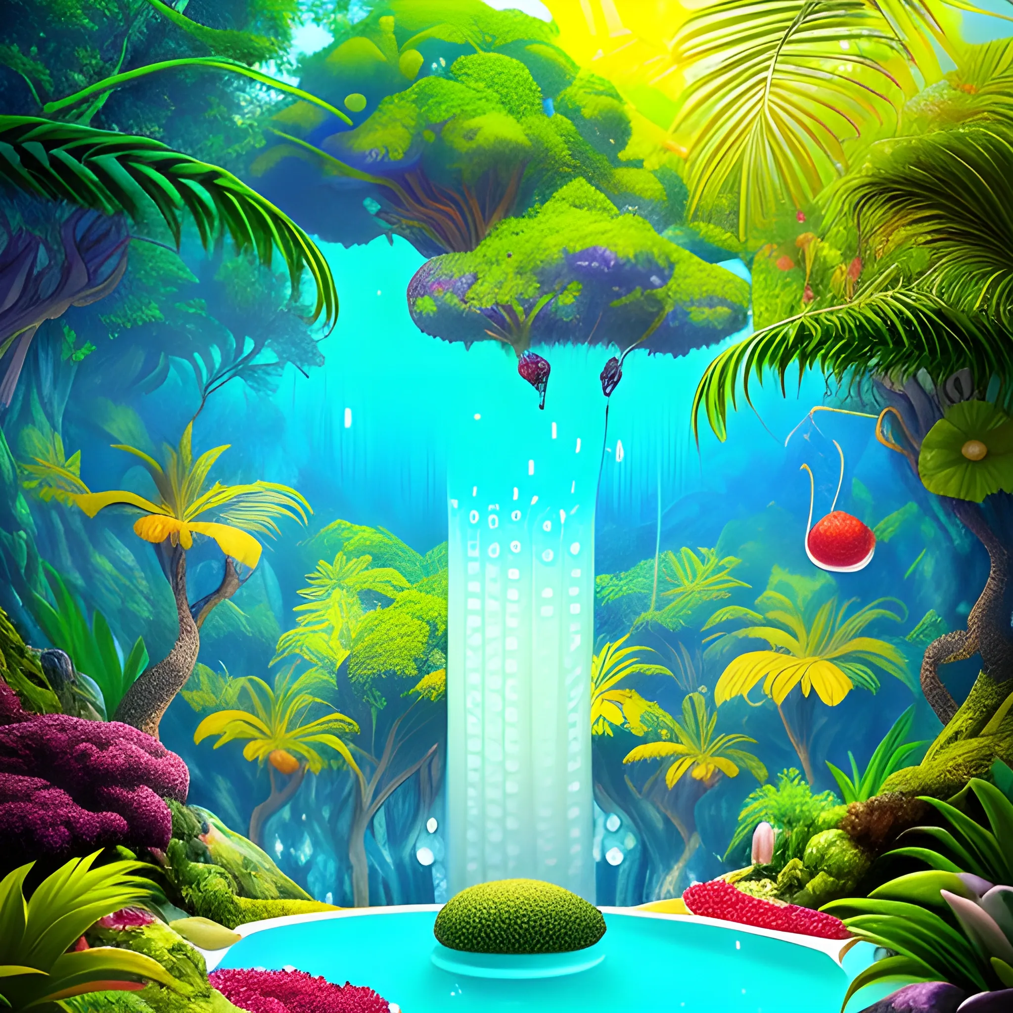 1. Begin by creating a surrealistic background with vibrant and lush tropical scenery. Use bold and contrasting colors to depict the foliage of the trees and the surrounding landscape.
2. Incorporate surreal elements like towering trees emerging from the drink in a cup of wine, their branches extending towards the sky. Let your imagination guide you as you create unique and fantastical tree formations.
3. Integrate hidden or partially visible caves or grottoes within the drink, giving the impression of an otherworldly oasis. Use intricate details and lighting to create an alluring and mysterious atmosphere.
4. Along the base of the wine glass, place a variety of refreshing fruits like apples, grapes, bananas, and pineapple. Play with their sizes and positions, allowing them to blend seamlessly into the composition.
5. Use vibrant and juicy colors for the fruits to enhance their refreshing appeal. Consider adding droplets of water on their surfaces to emphasize their coolness.
6. Incorporate subtle reflections and refractions on the glass surface to add a touch of realism. This will enhance the visual impact of the fruits and the surrounding environment.
7. Experiment with lighting to create a sense of sunlight filtering through the tropical foliage. Play with rays of light, casting shadows and illuminating certain areas to enhance the depth and atmosphere of the image.
8. Pay attention to the overall composition and ensure a harmonious balance between the surreal elements, the fruits, and the surrounding scenery. Continuously evaluate the visual impact and make necessary adjustments as needed.
9. Lastly, make sure the overall image conveys a sense of refreshment and tranquility. Use colors, textures, and details to evoke a feeling of coolness and relaxation.